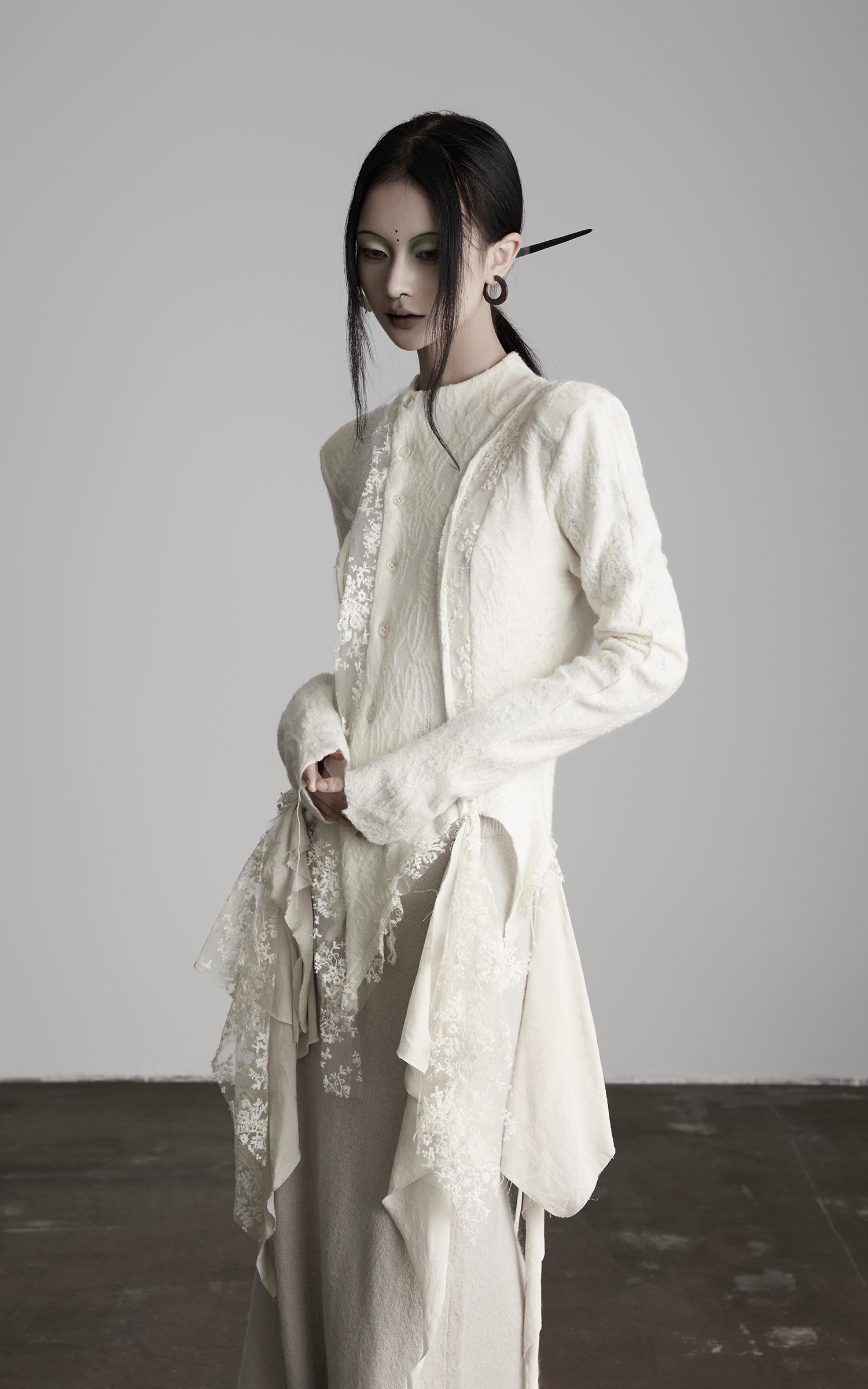 INDULGE Deconstructed Draped Top with Embroidered Lace Overlay