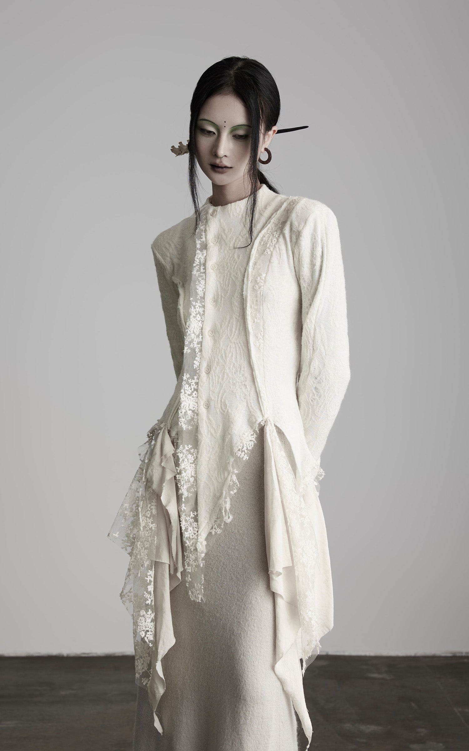 INDULGE Deconstructed Draped Top with Embroidered Lace Overlay