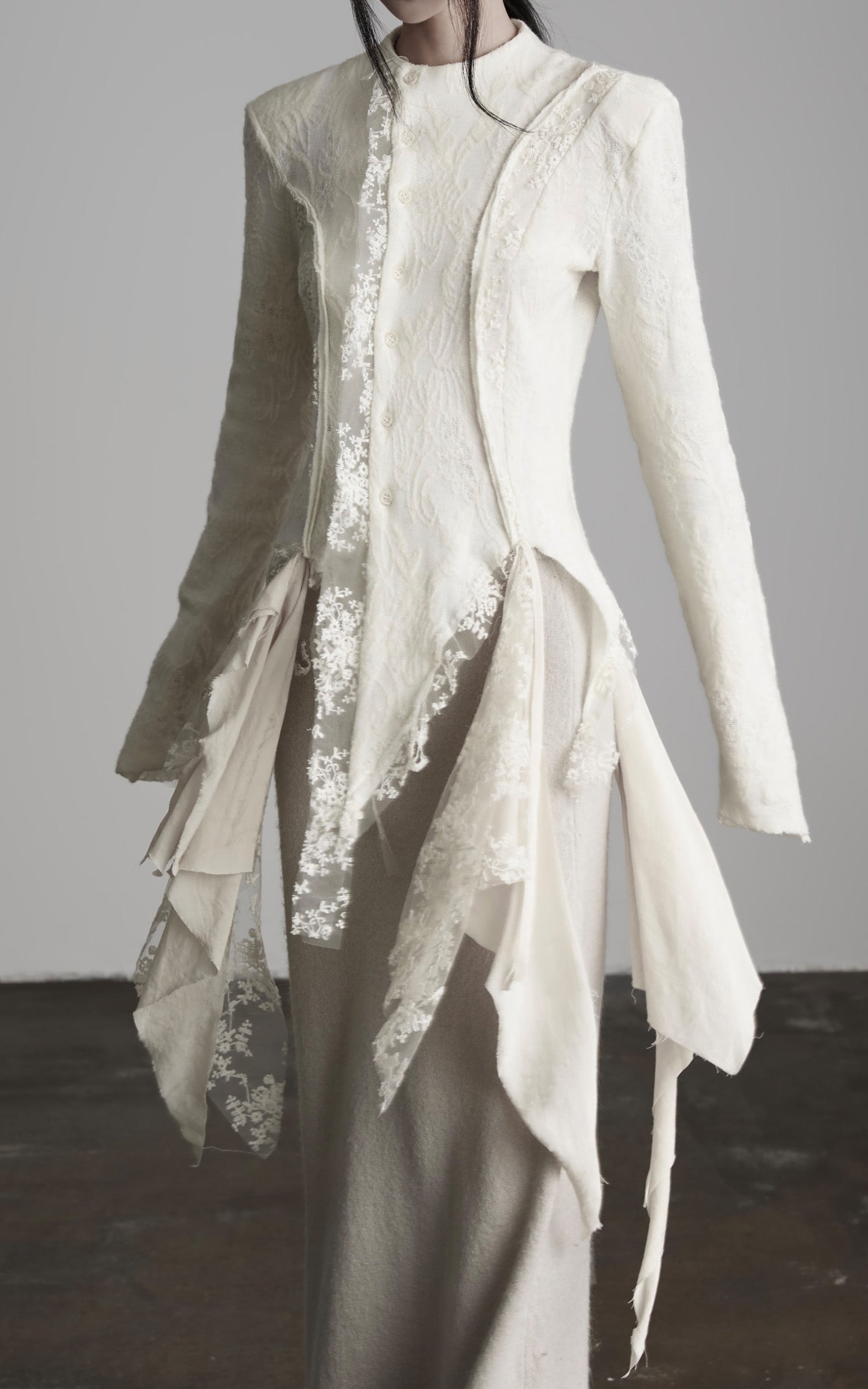 INDULGE Deconstructed Draped Top with Embroidered Lace Overlay
