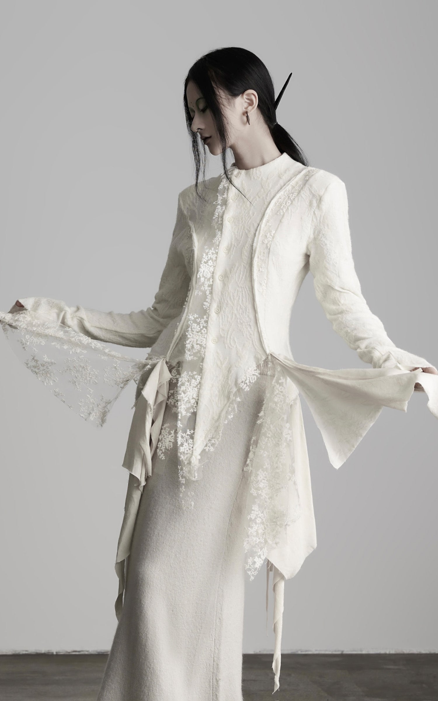 INDULGE Deconstructed Draped Top with Embroidered Lace Overlay