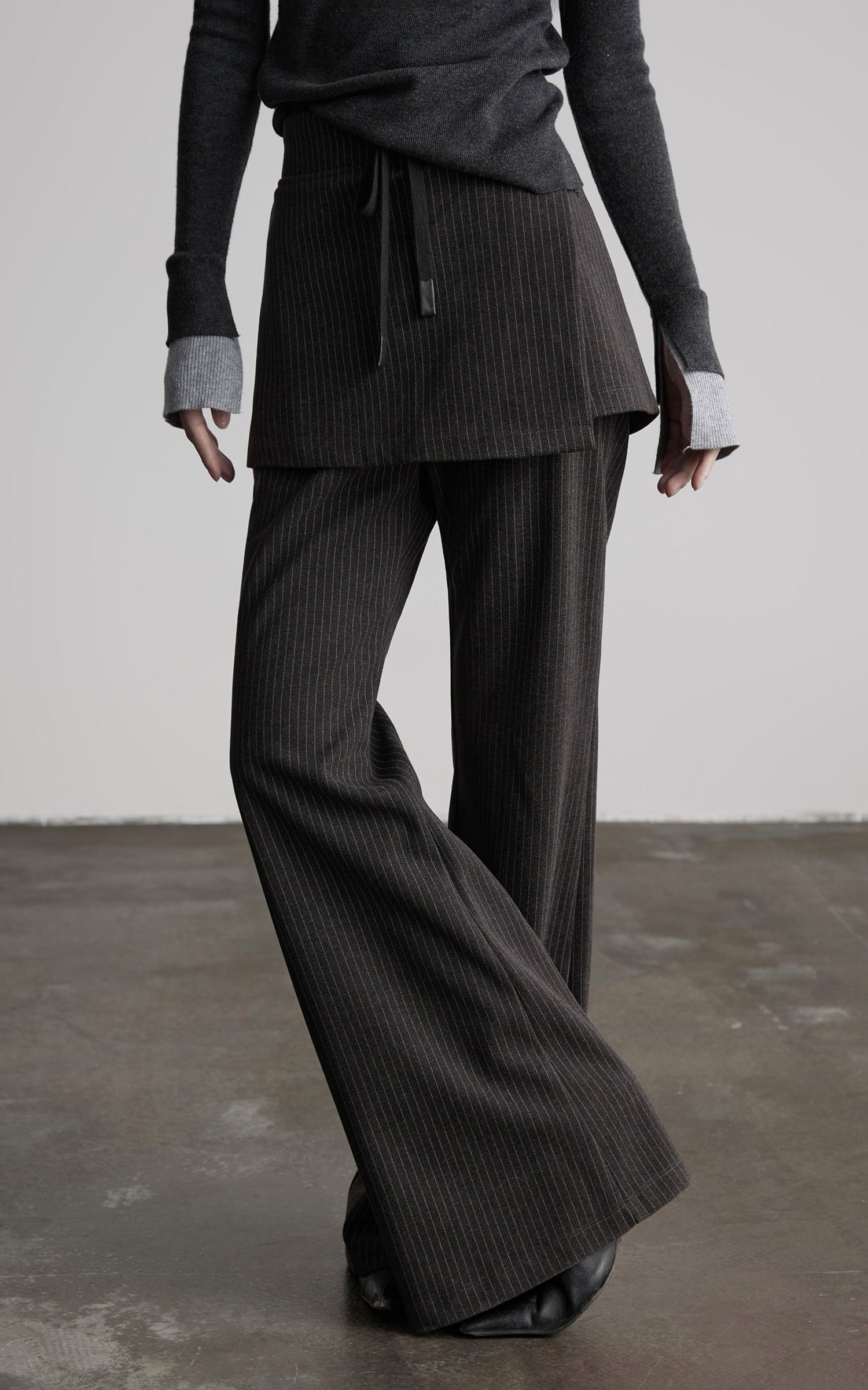 INDULGE Pinstripe Wide-Leg Pants with Apron Overlay and Drawstring Waist