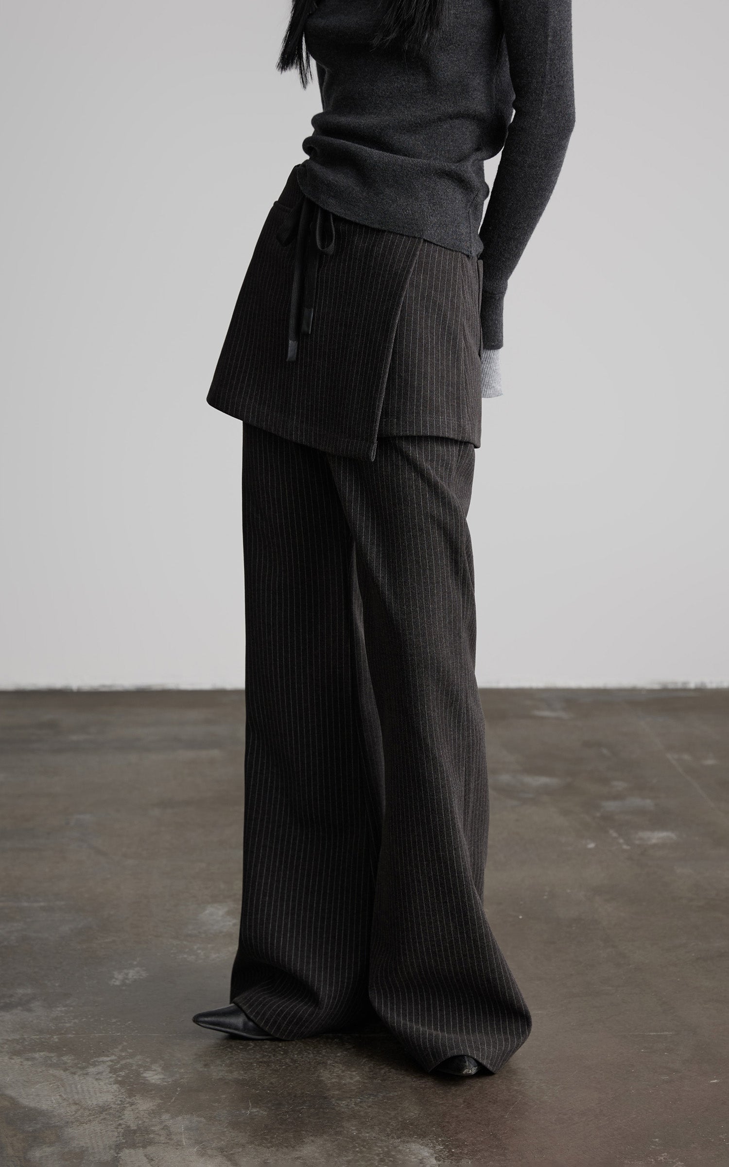 INDULGE Pinstripe Wide-Leg Pants with Apron Overlay and Drawstring Waist