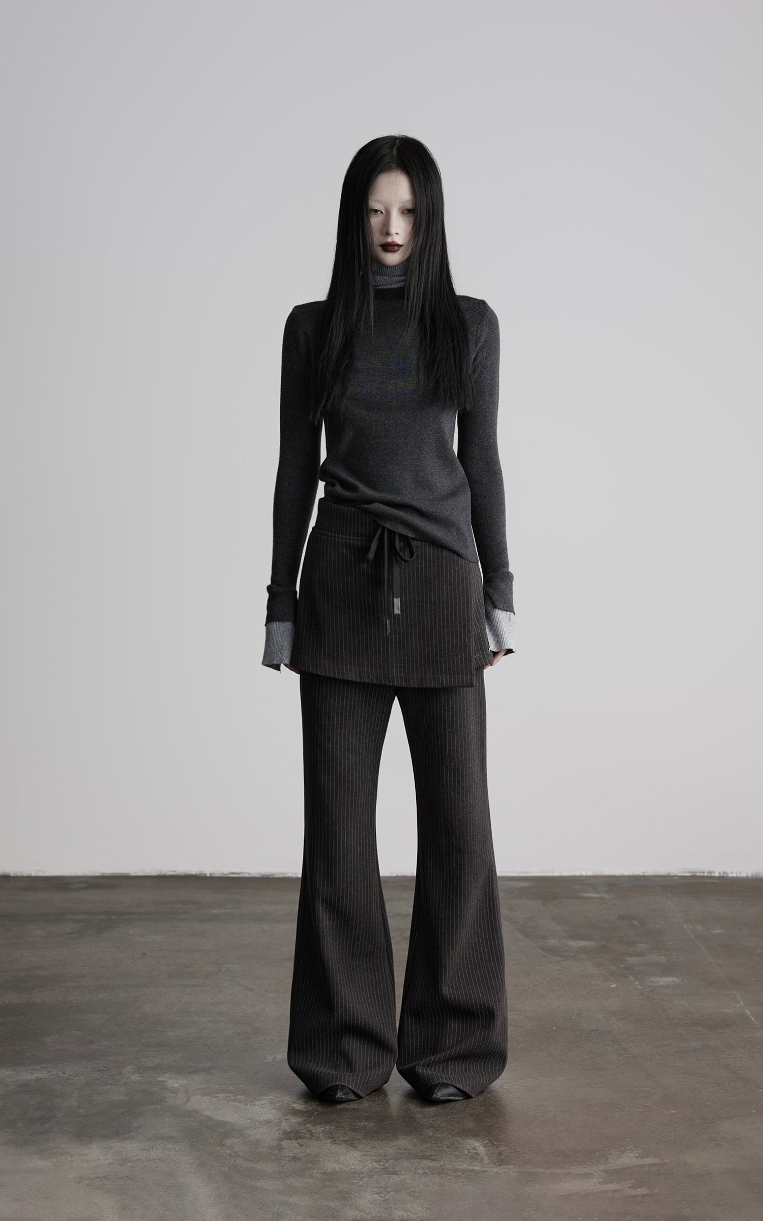 INDULGE Pinstripe Wide-Leg Pants with Apron Overlay and Drawstring Waist