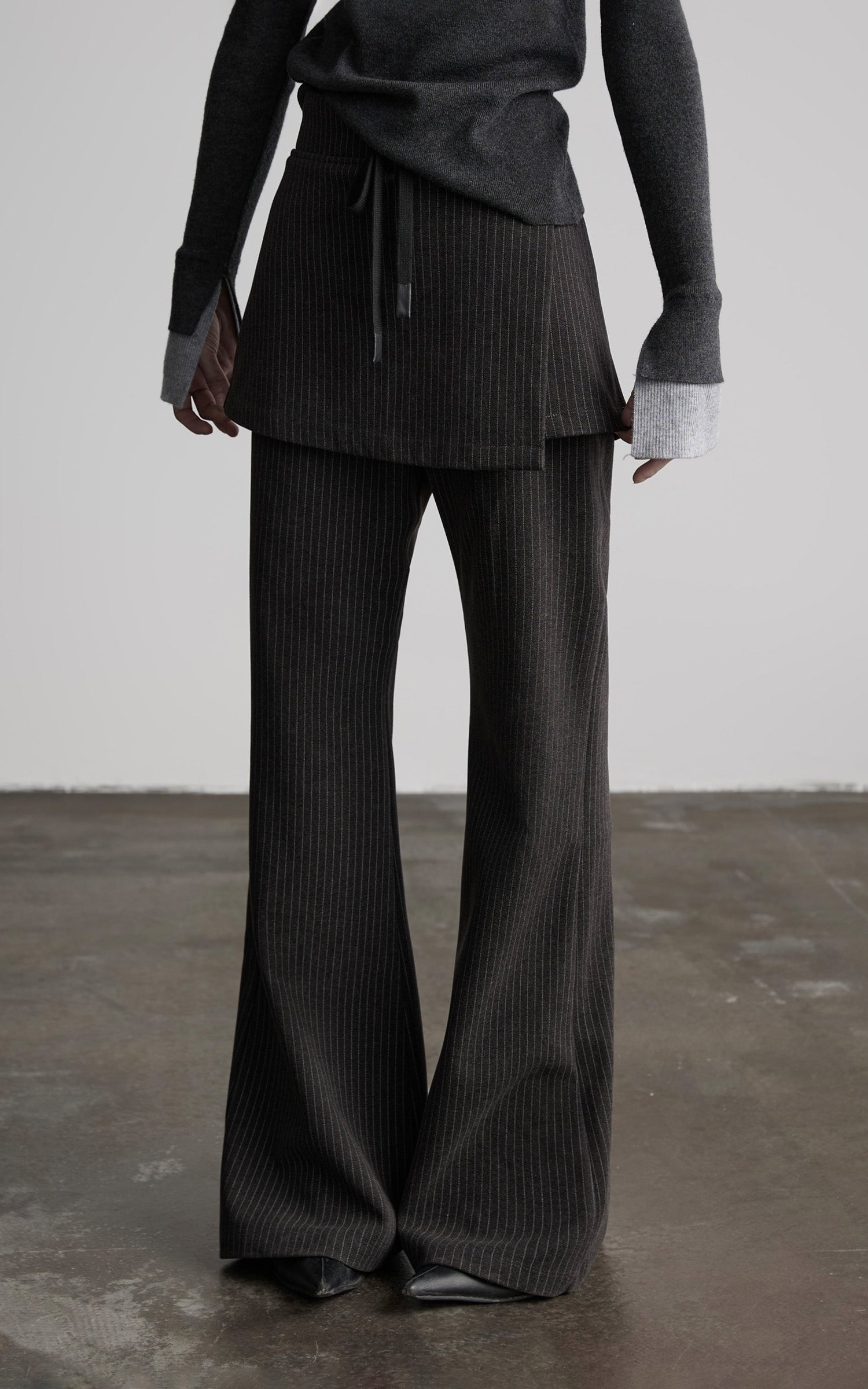 INDULGE Pinstripe Wide-Leg Pants with Apron Overlay and Drawstring Waist