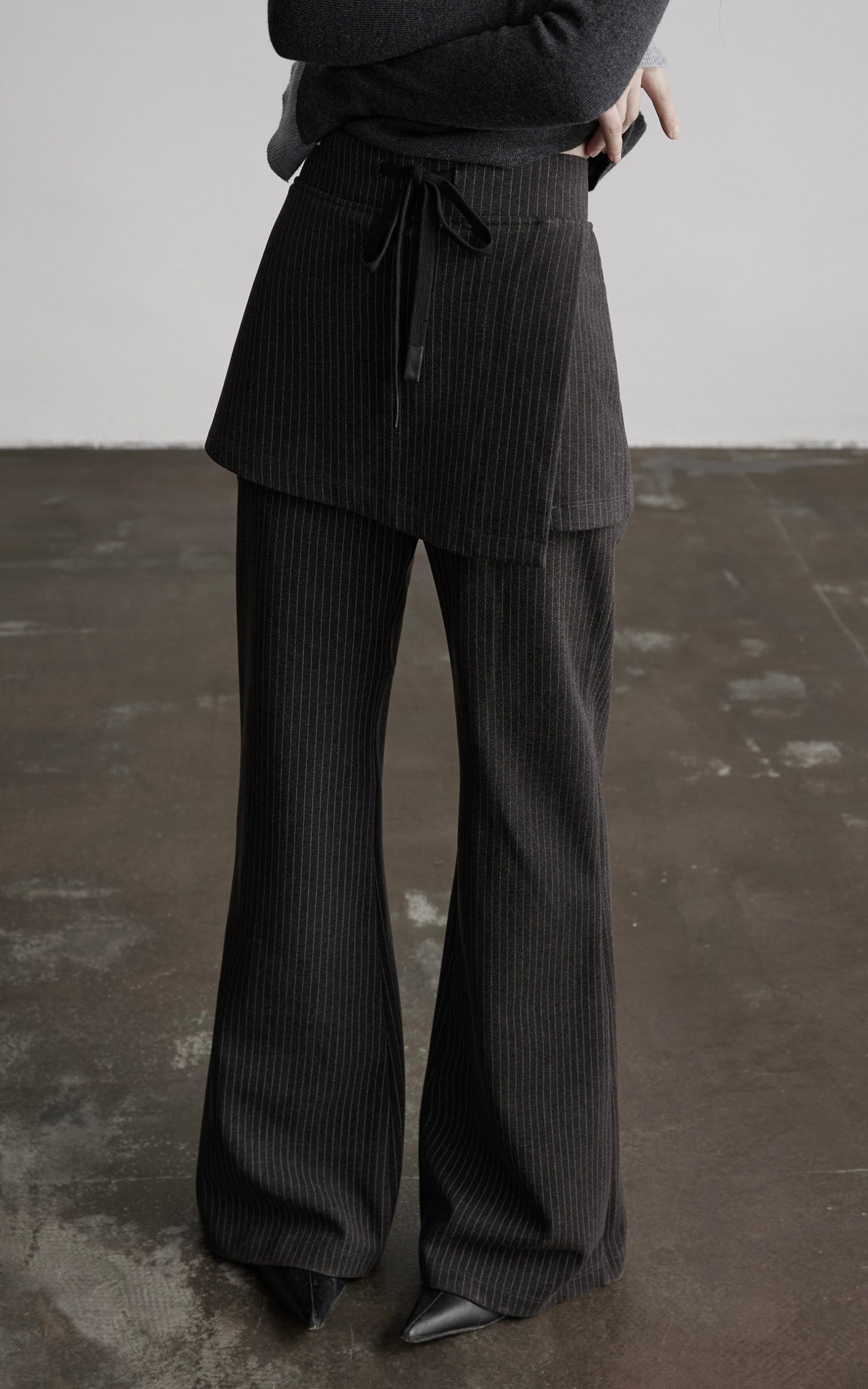INDULGE Pinstripe Wide-Leg Pants with Apron Overlay and Drawstring Waist