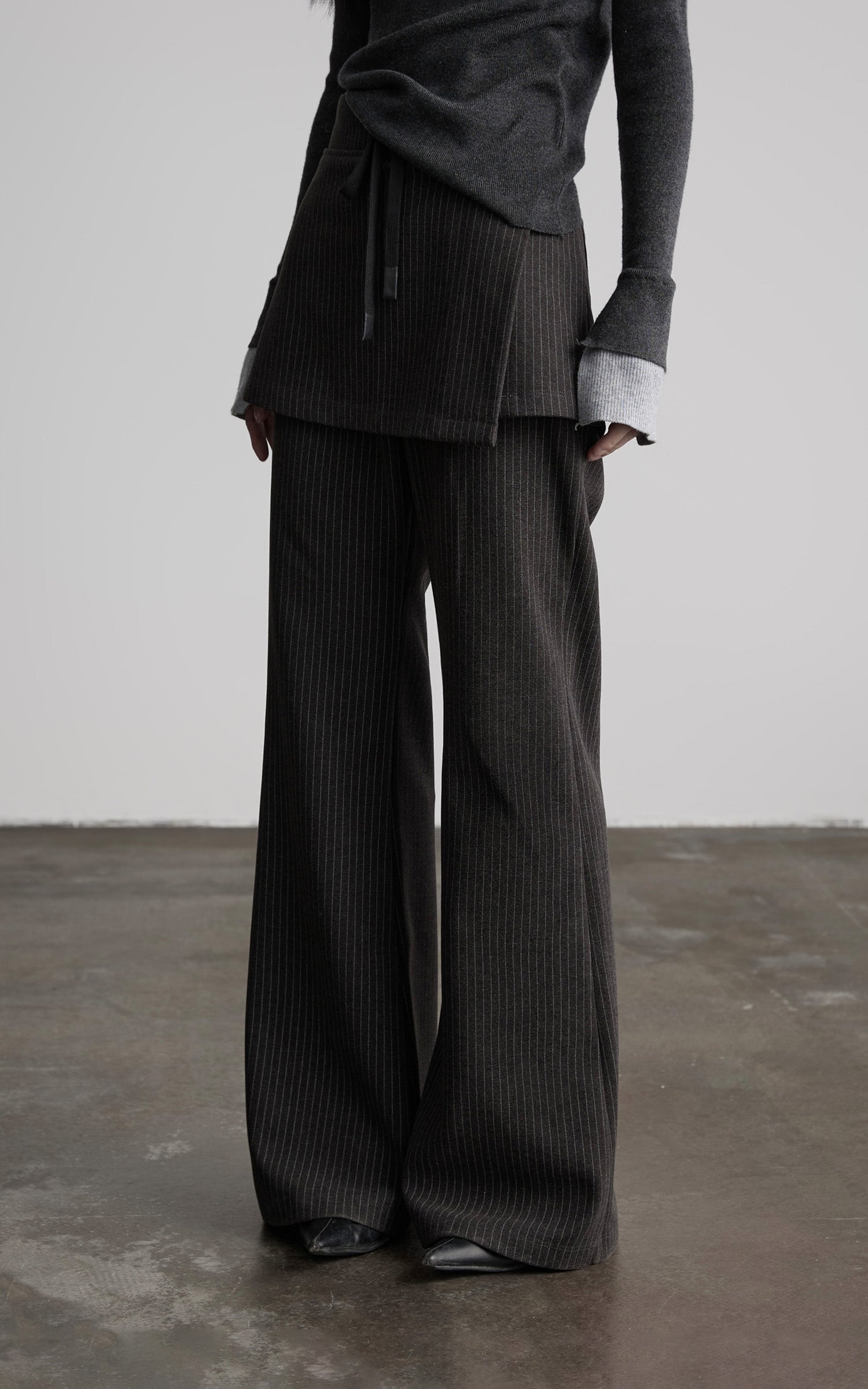 INDULGE Pinstripe Wide-Leg Pants with Apron Overlay and Drawstring Waist