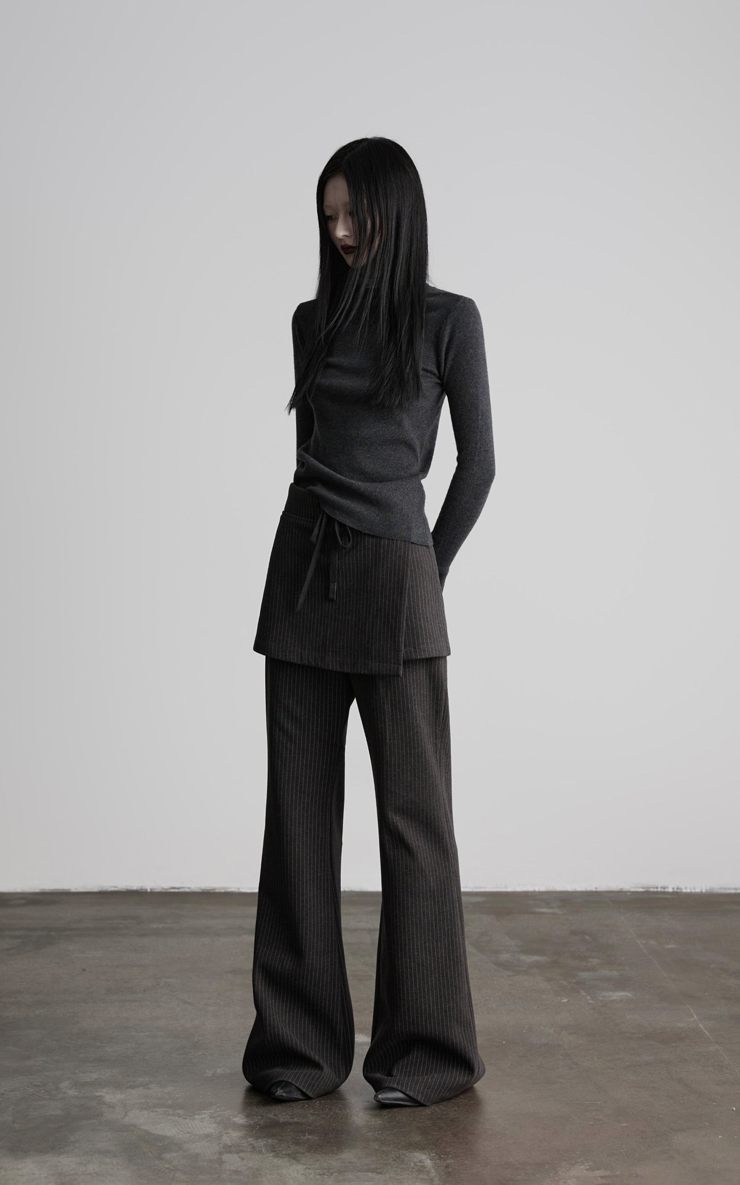 INDULGE Pinstripe Wide-Leg Pants with Apron Overlay and Drawstring Waist
