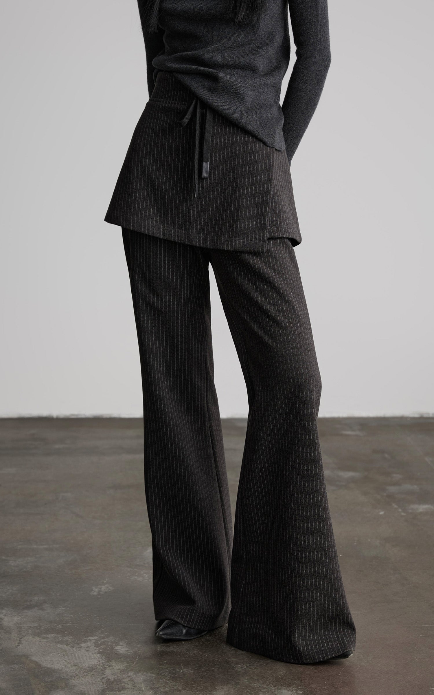 INDULGE Pinstripe Wide-Leg Pants with Apron Overlay and Drawstring Waist