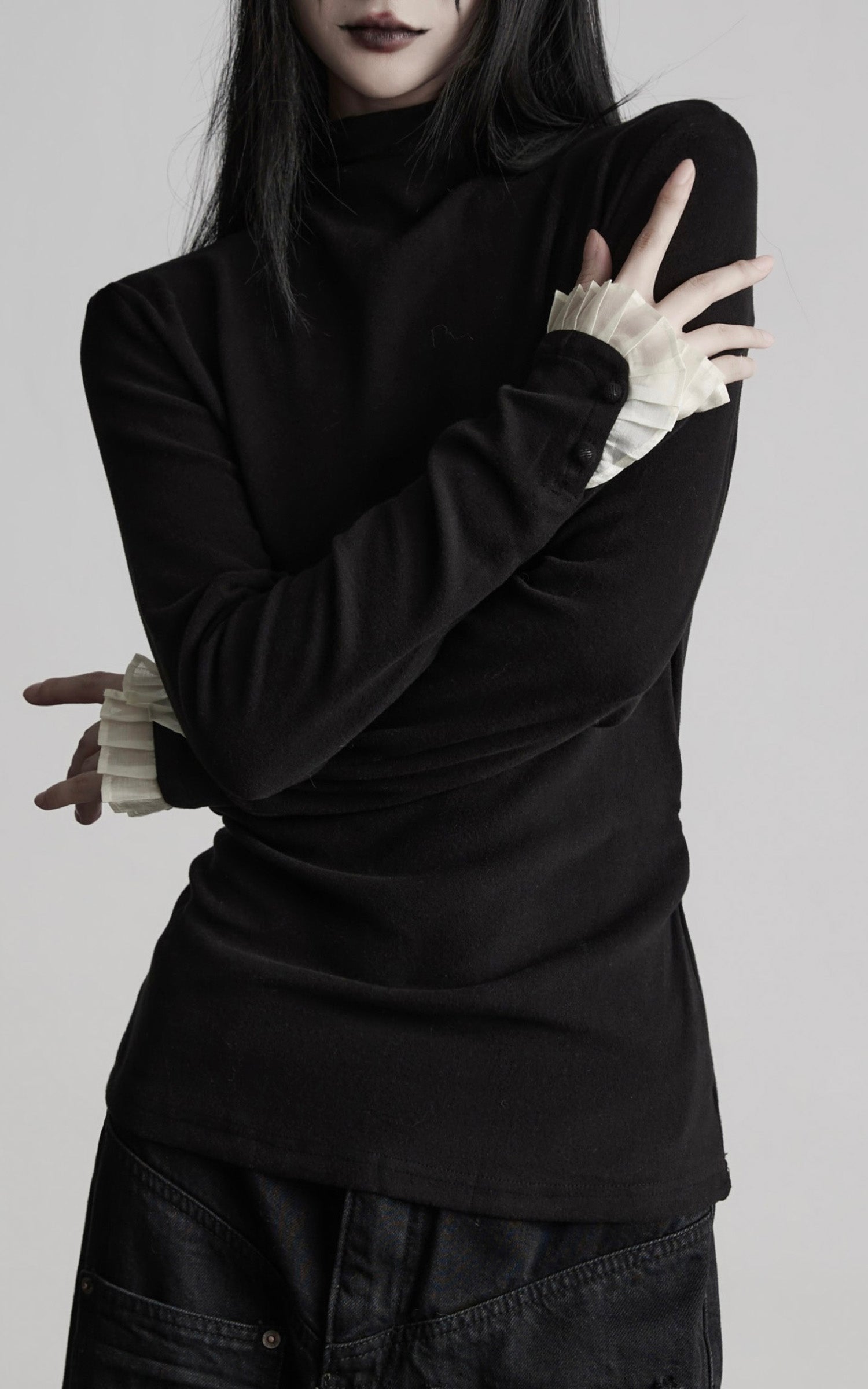 INDULGE Structured Knit Top with Contrast Pleated Cuffs