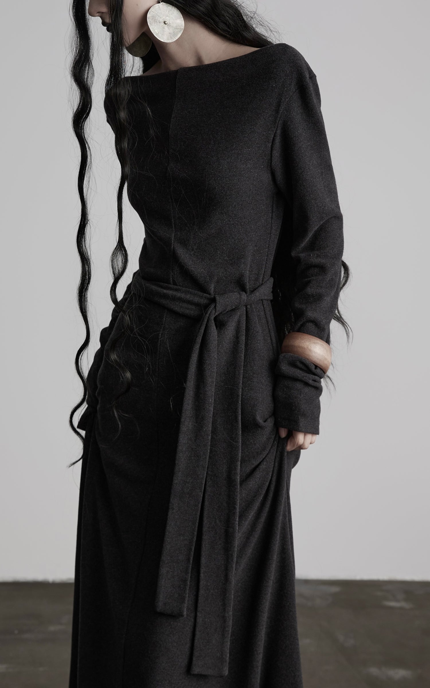 INDULGE Off-Shoulder Long Sleeve Dress with Raw Edges and Belt