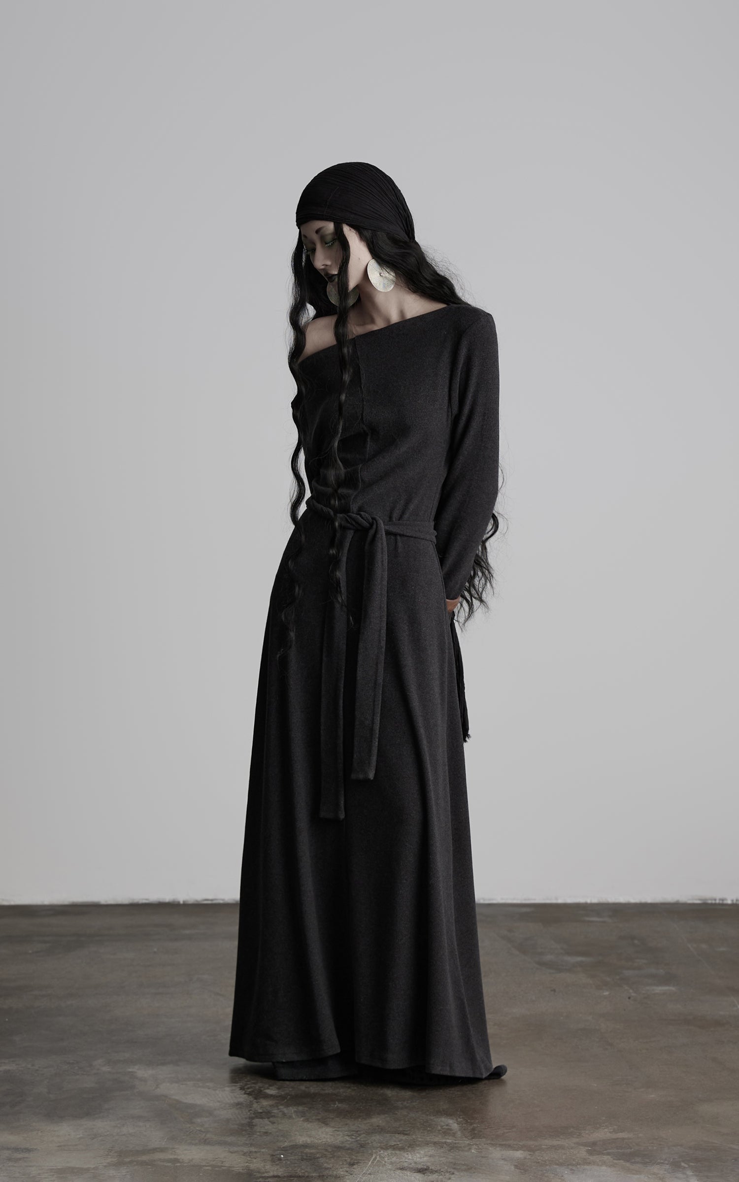 INDULGE Off-Shoulder Long Sleeve Dress with Raw Edges and Belt