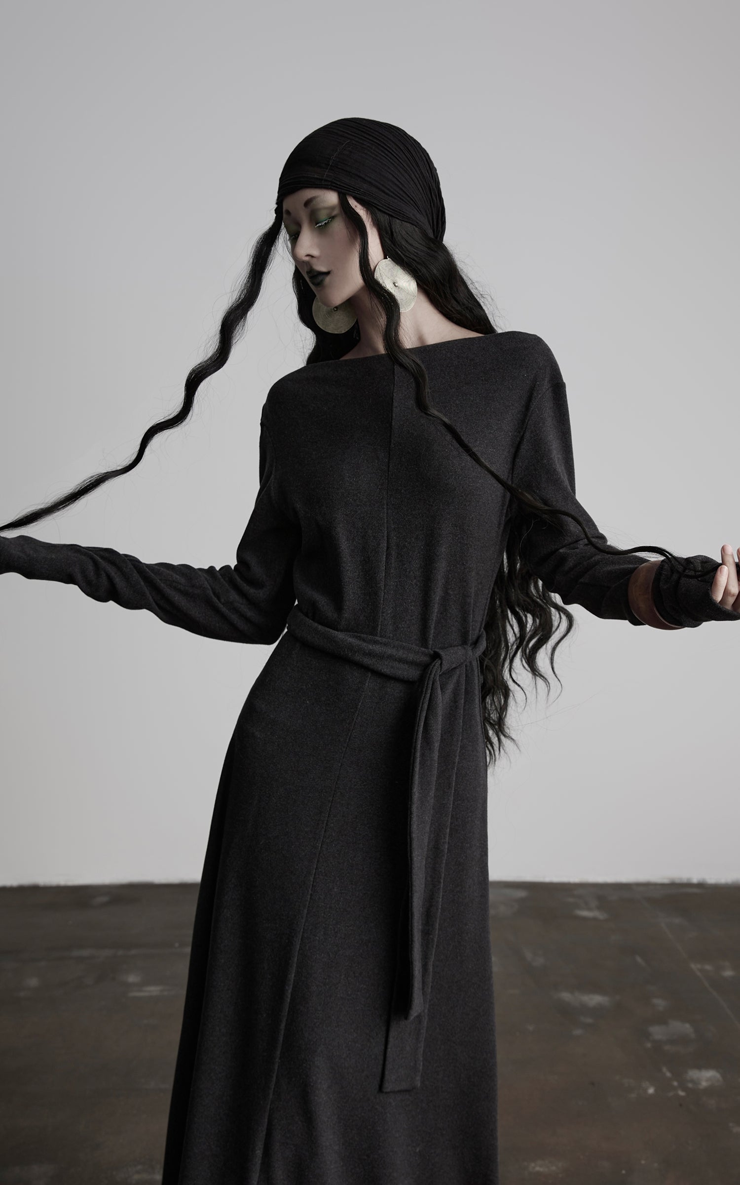 INDULGE Off-Shoulder Long Sleeve Dress with Raw Edges and Belt