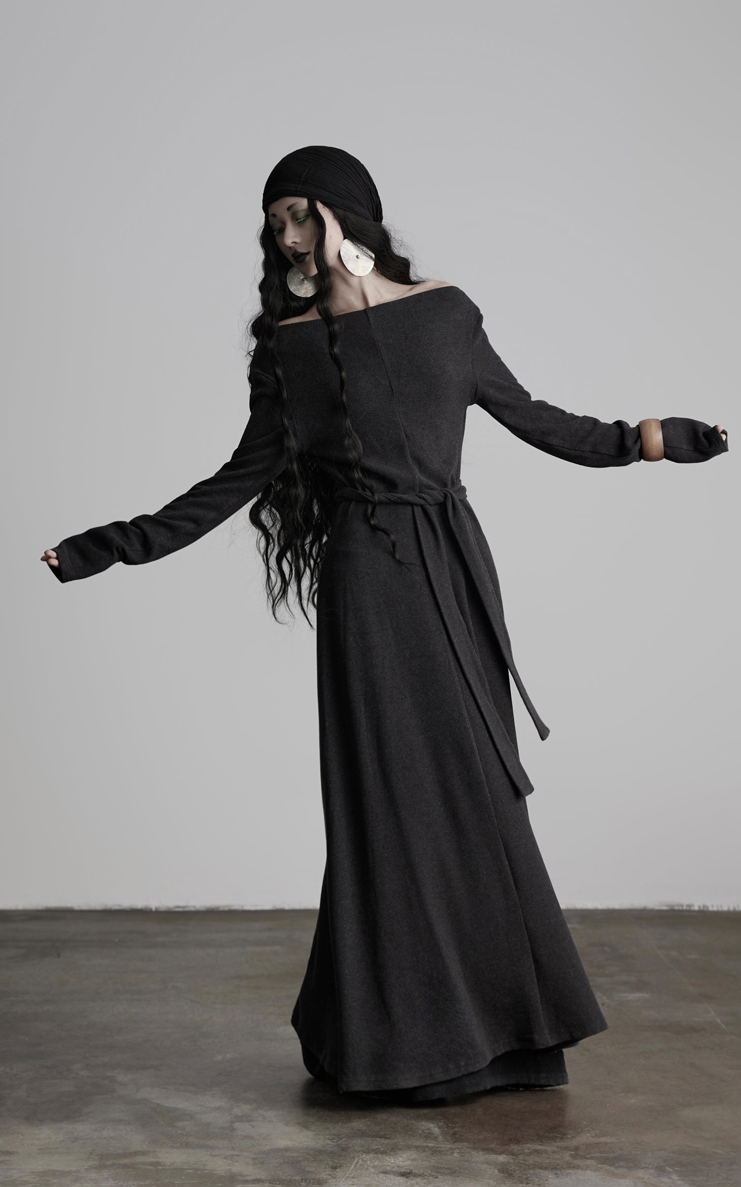 INDULGE Off-Shoulder Long Sleeve Dress with Raw Edges and Belt