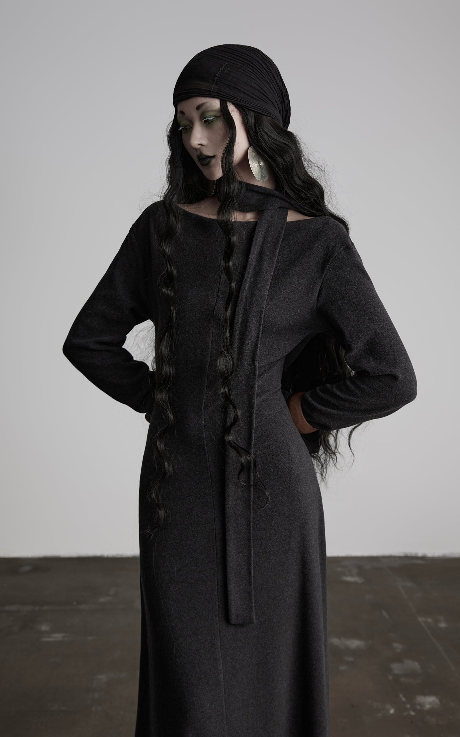 INDULGE Off-Shoulder Long Sleeve Dress with Raw Edges and Belt