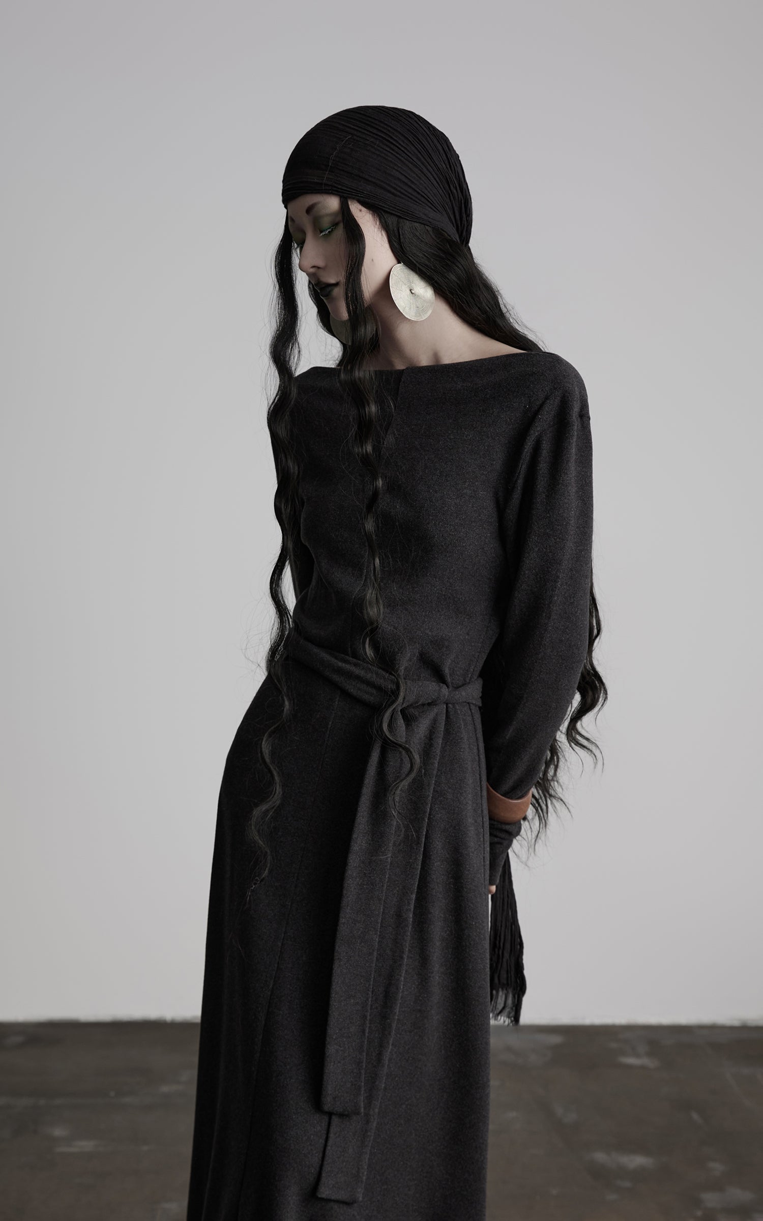 INDULGE Off-Shoulder Long Sleeve Dress with Raw Edges and Belt