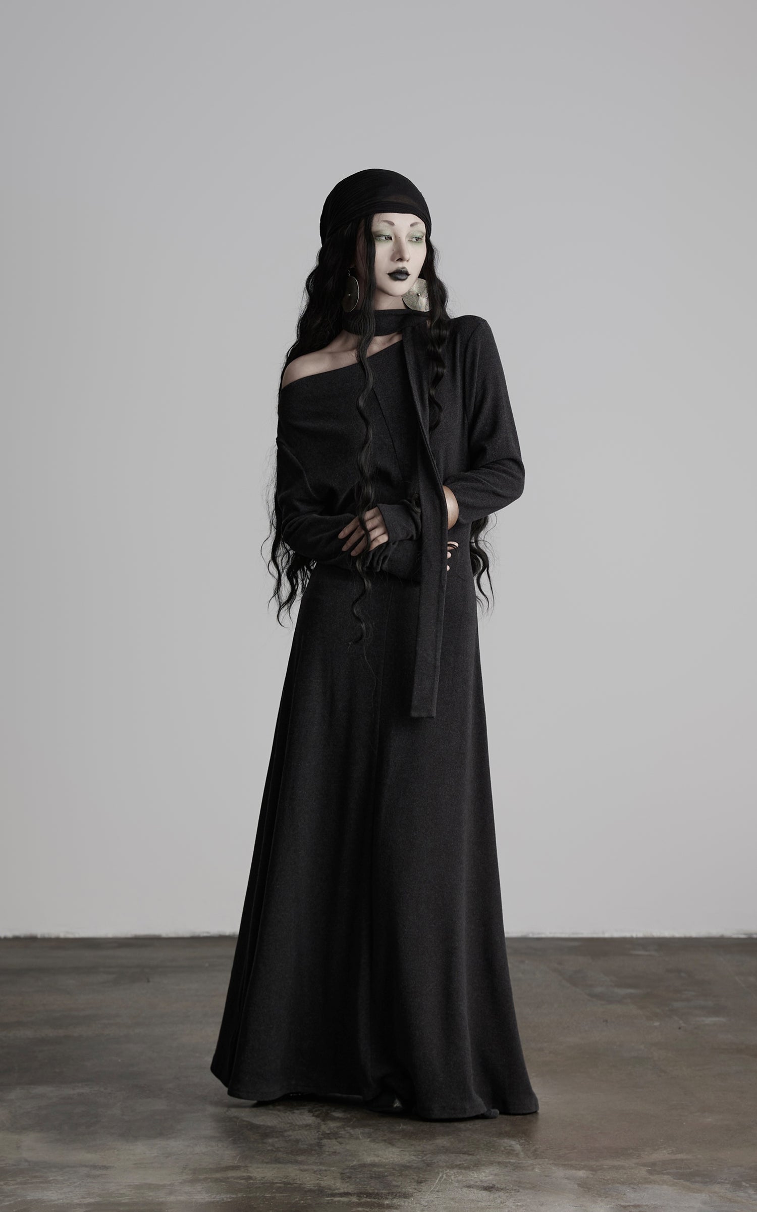 INDULGE Off-Shoulder Long Sleeve Dress with Raw Edges and Belt