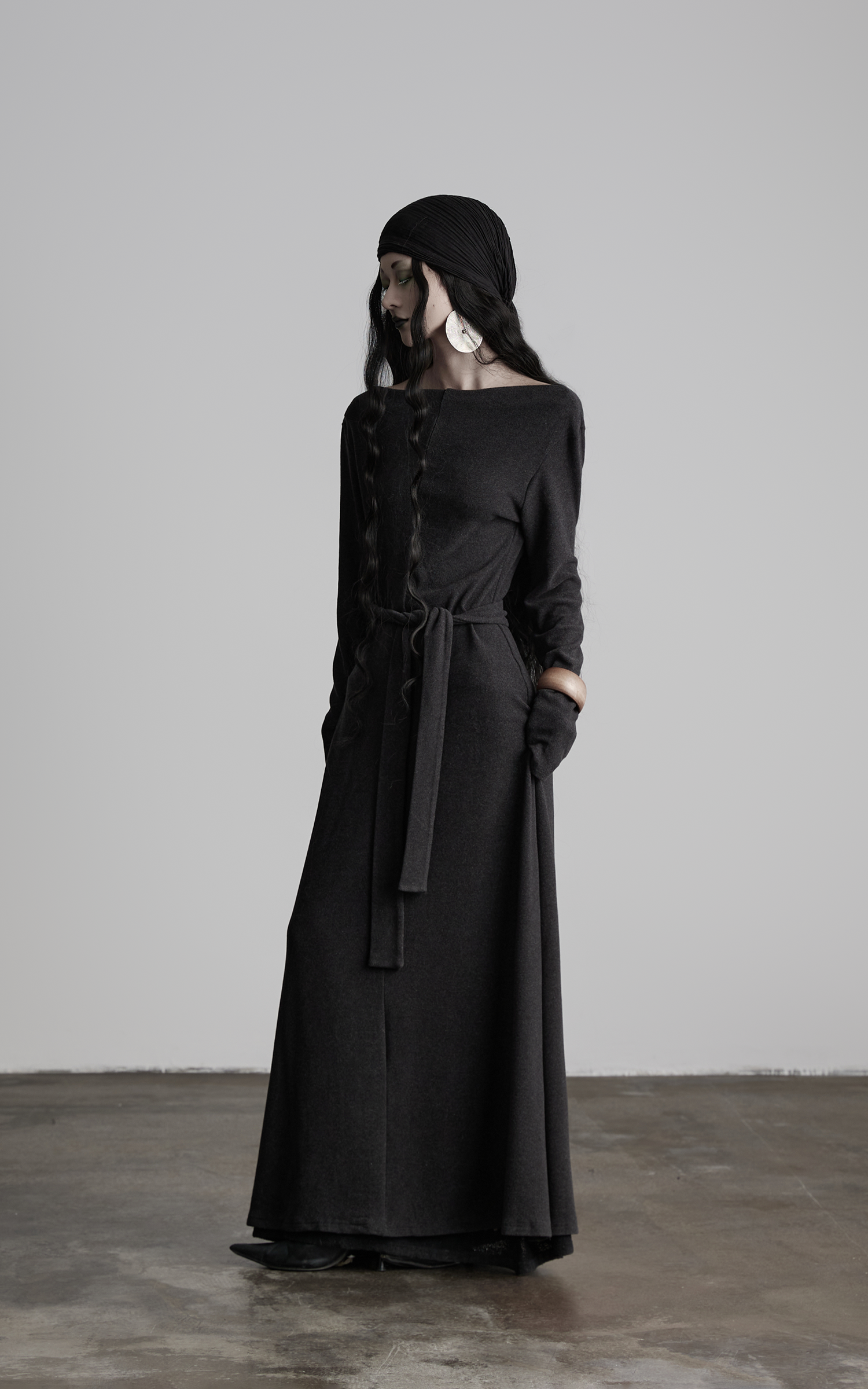 INDULGE Off-Shoulder Long Sleeve Dress with Raw Edges and Belt