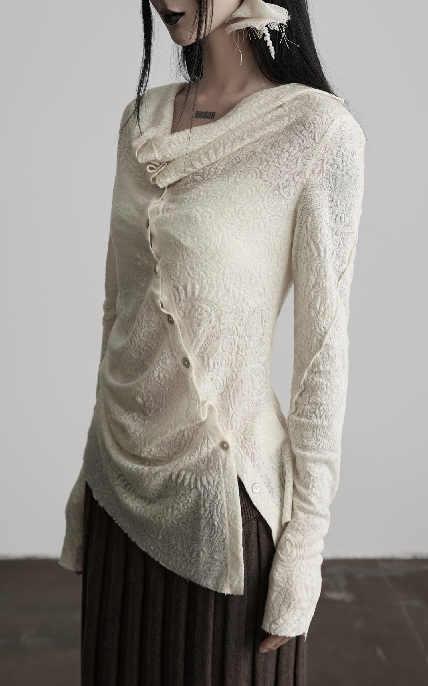 INDULGE Textured Knit Asymmetric Buttoned Long Sleeve Top