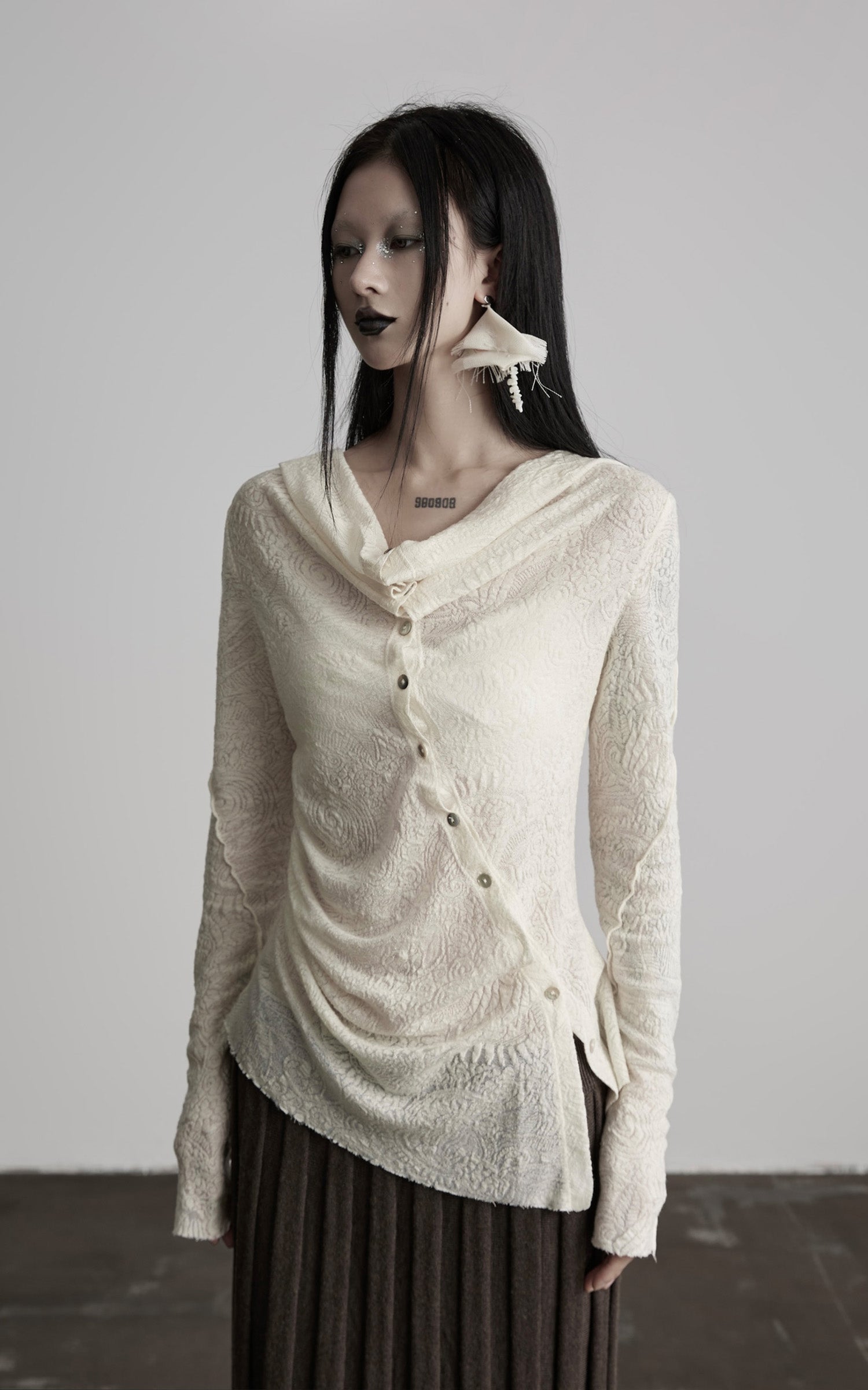 INDULGE Textured Knit Asymmetric Buttoned Long Sleeve Top