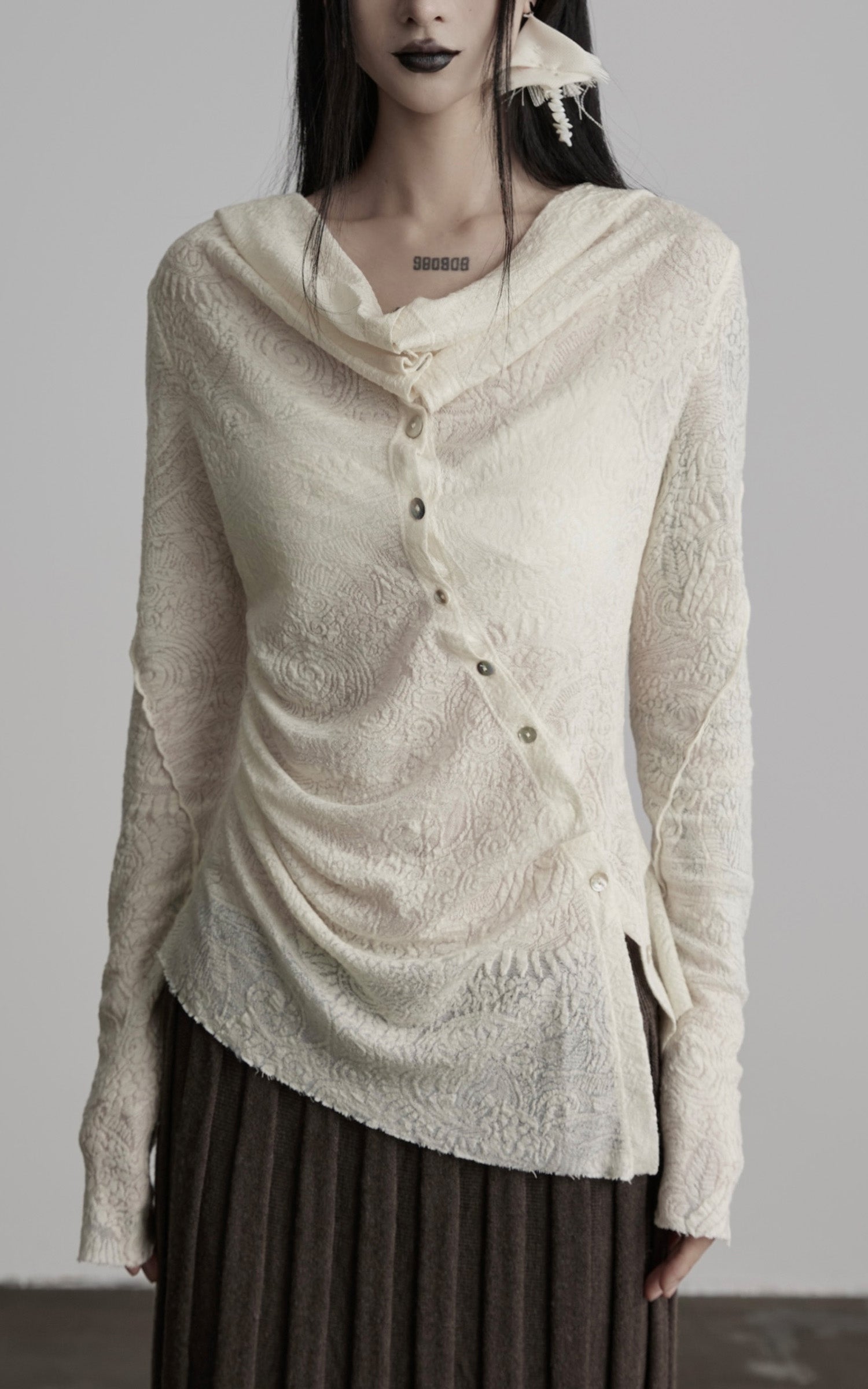INDULGE Textured Knit Asymmetric Buttoned Long Sleeve Top