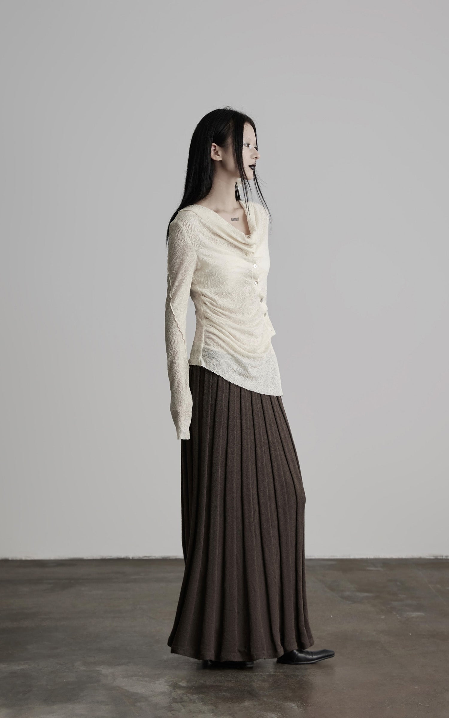 INDULGE Textured Knit Asymmetric Buttoned Long Sleeve Top