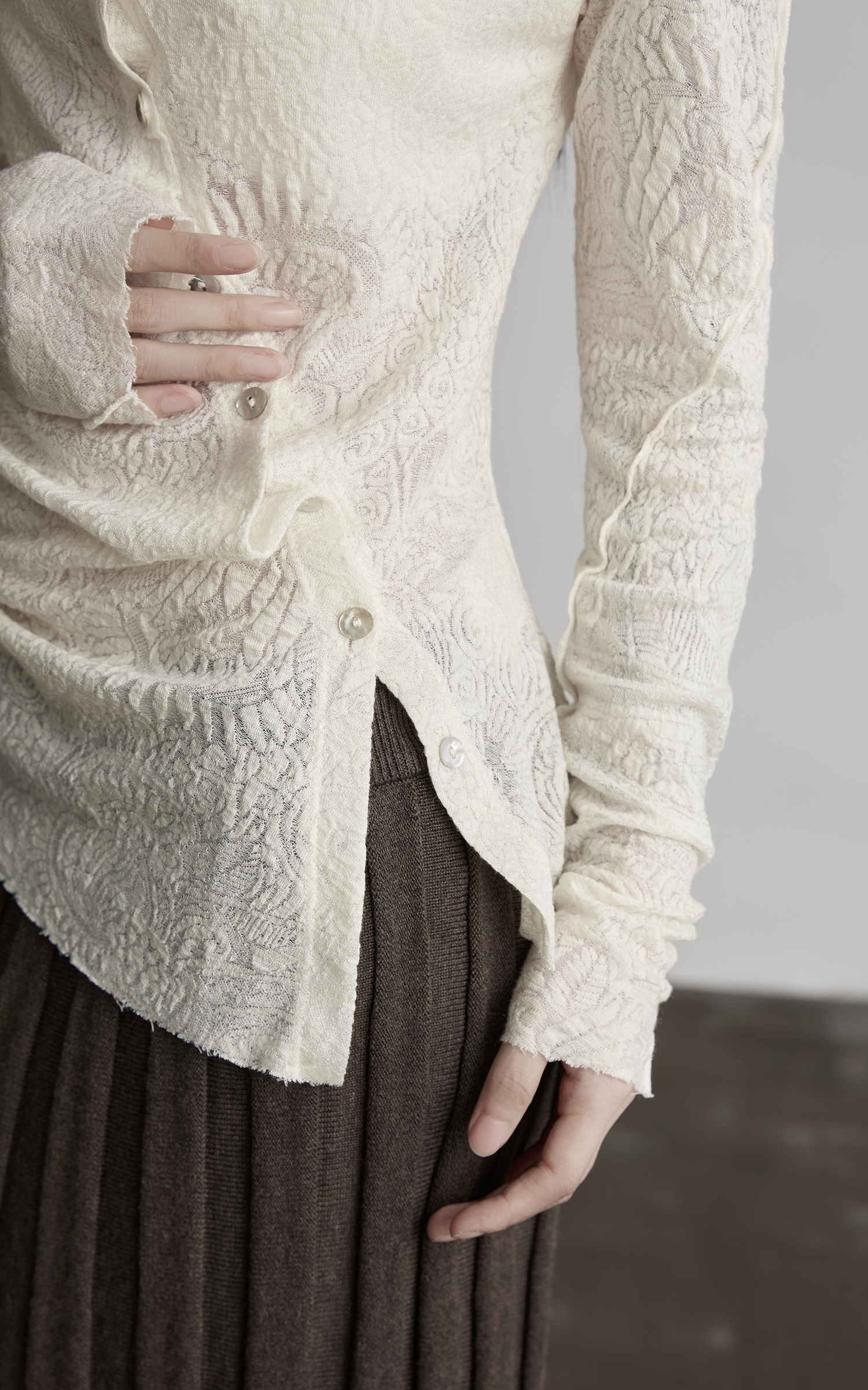 INDULGE Textured Knit Asymmetric Buttoned Long Sleeve Top