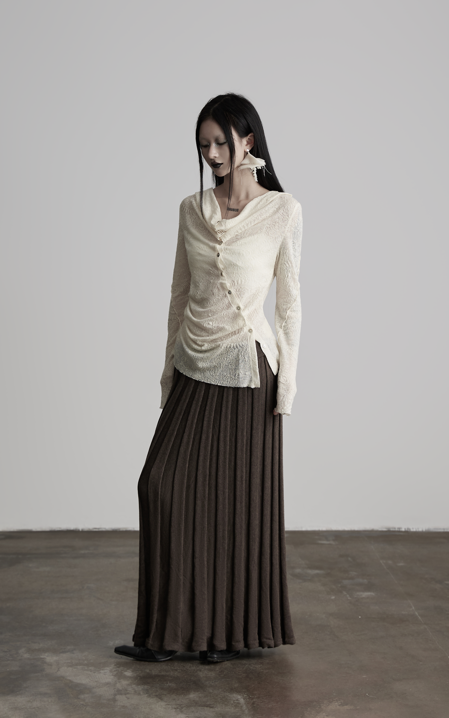 INDULGE Textured Knit Asymmetric Buttoned Long Sleeve Top