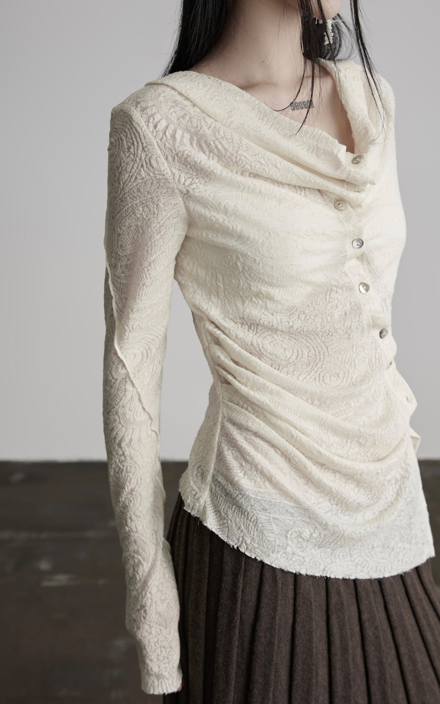 INDULGE Textured Knit Asymmetric Buttoned Long Sleeve Top