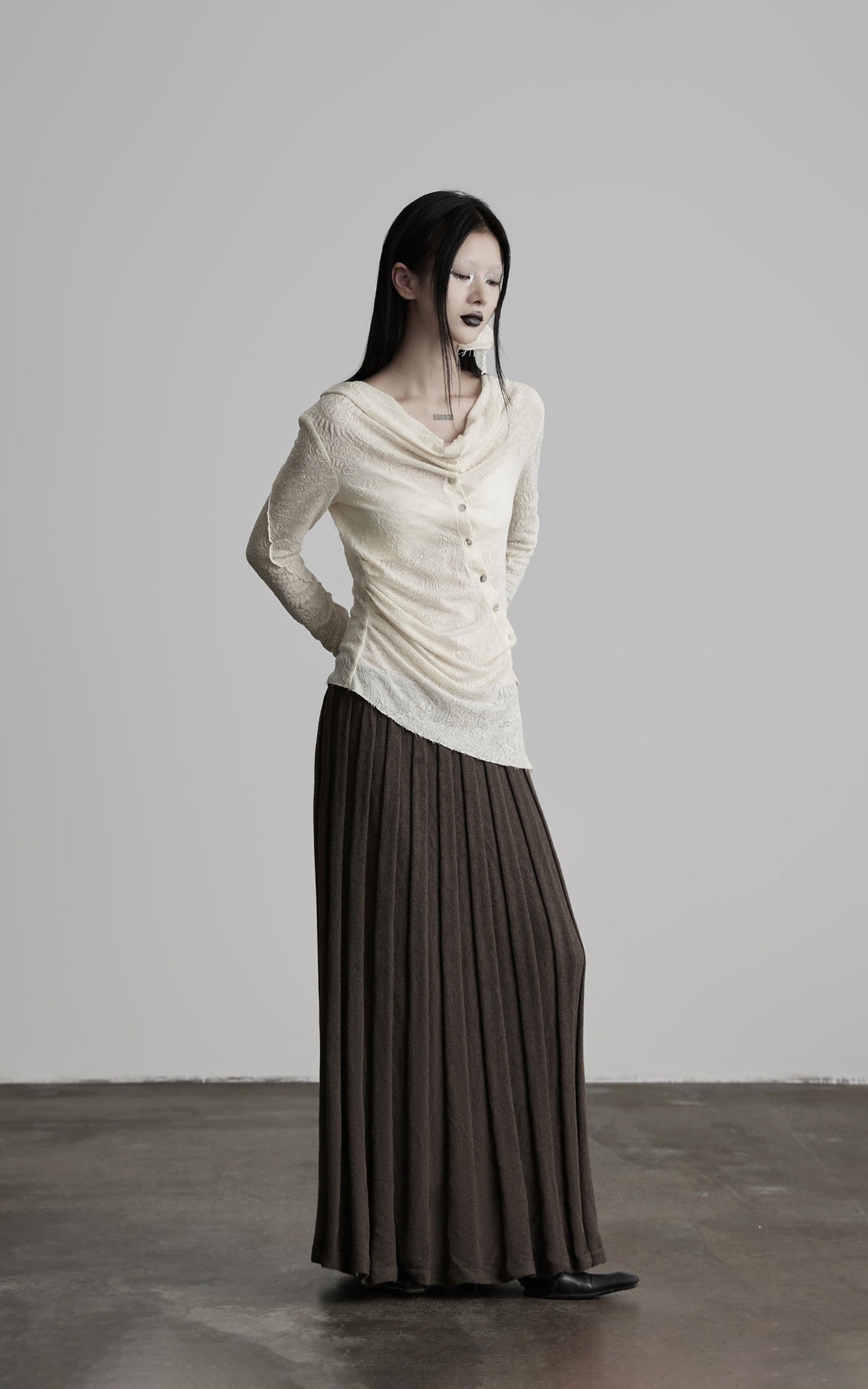 INDULGE Textured Knit Asymmetric Buttoned Long Sleeve Top