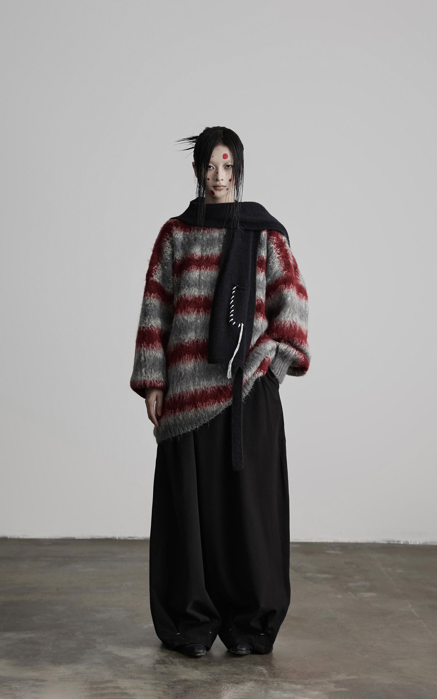 INDULGE Striped Fuzzy Knit Sweater Oversized Pullover Red Grey