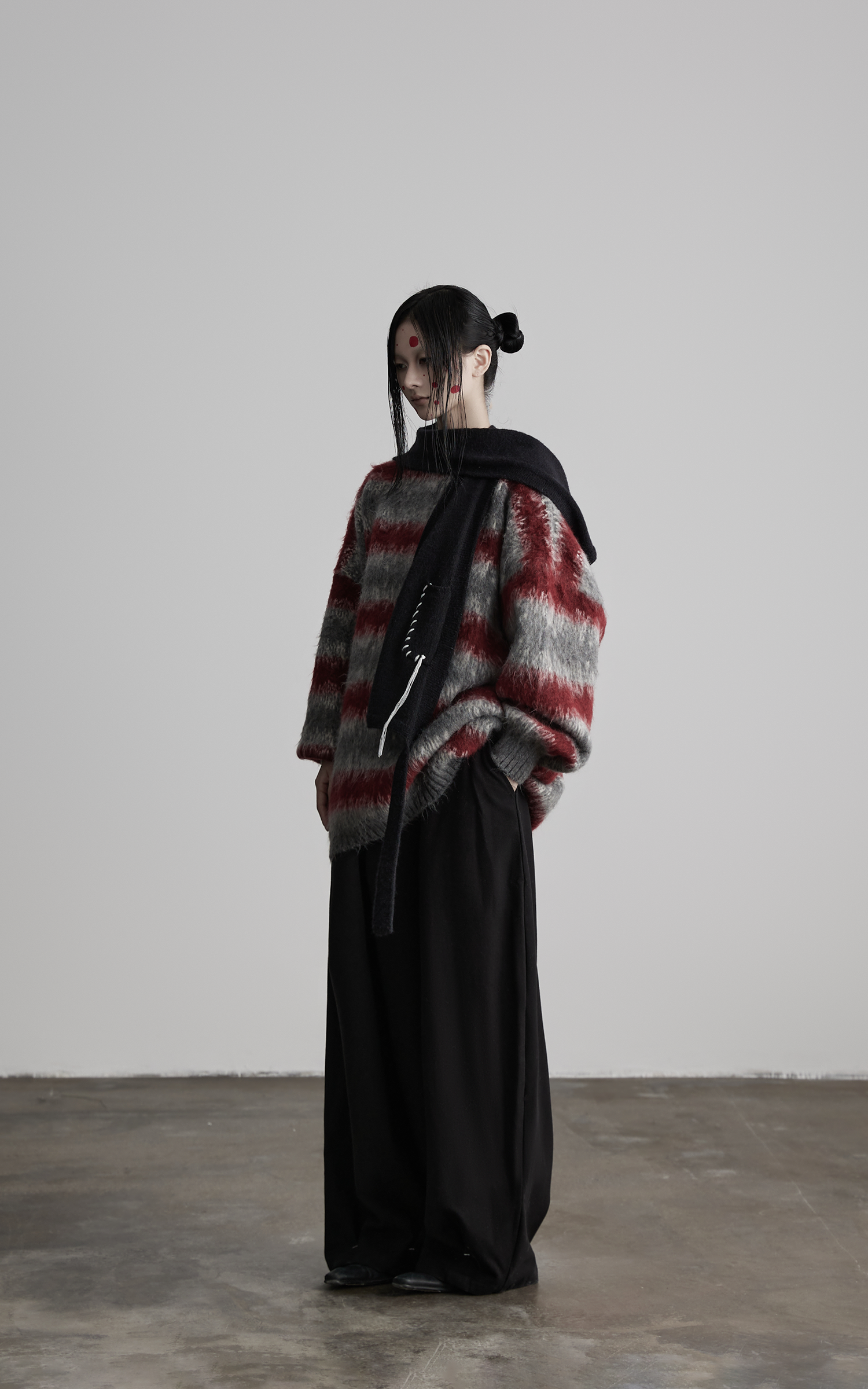 INDULGE Striped Fuzzy Knit Sweater Oversized Pullover Red Grey