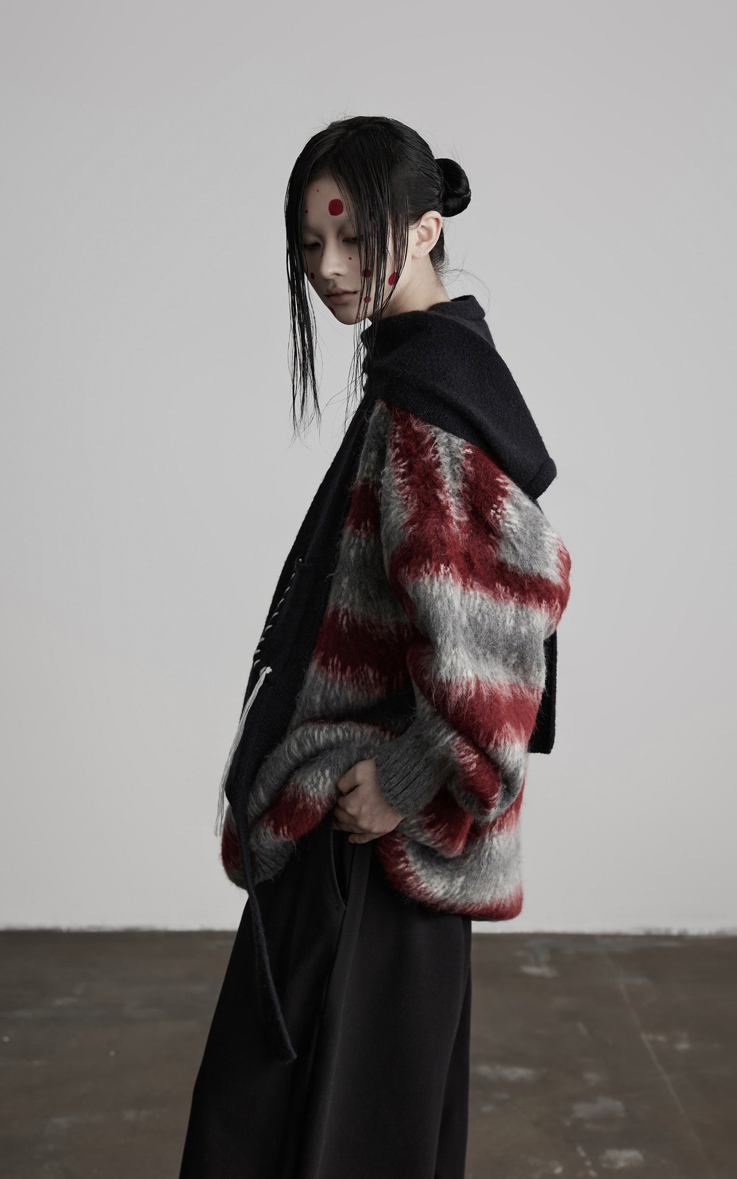 INDULGE Striped Fuzzy Knit Sweater Oversized Pullover Red Grey