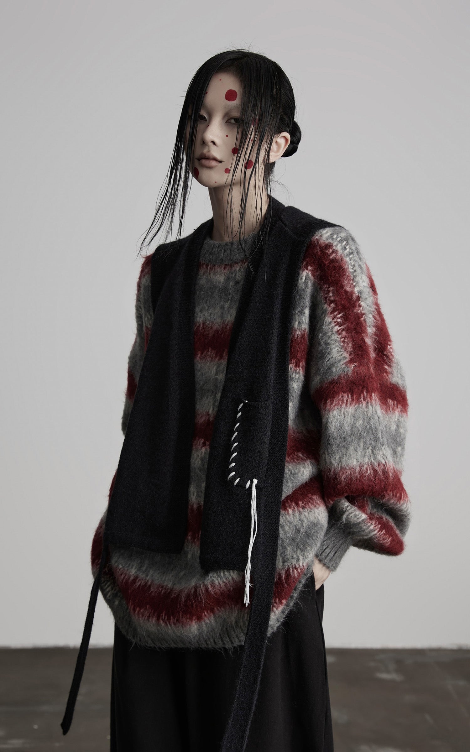 INDULGE Striped Fuzzy Knit Sweater Oversized Pullover Red Grey