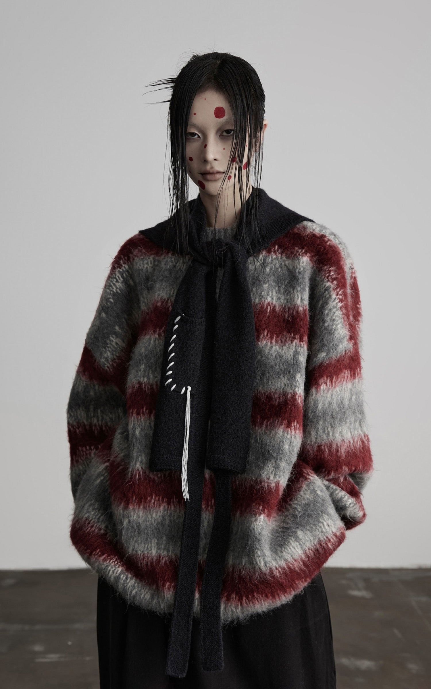 INDULGE Striped Fuzzy Knit Sweater Oversized Pullover Red Grey