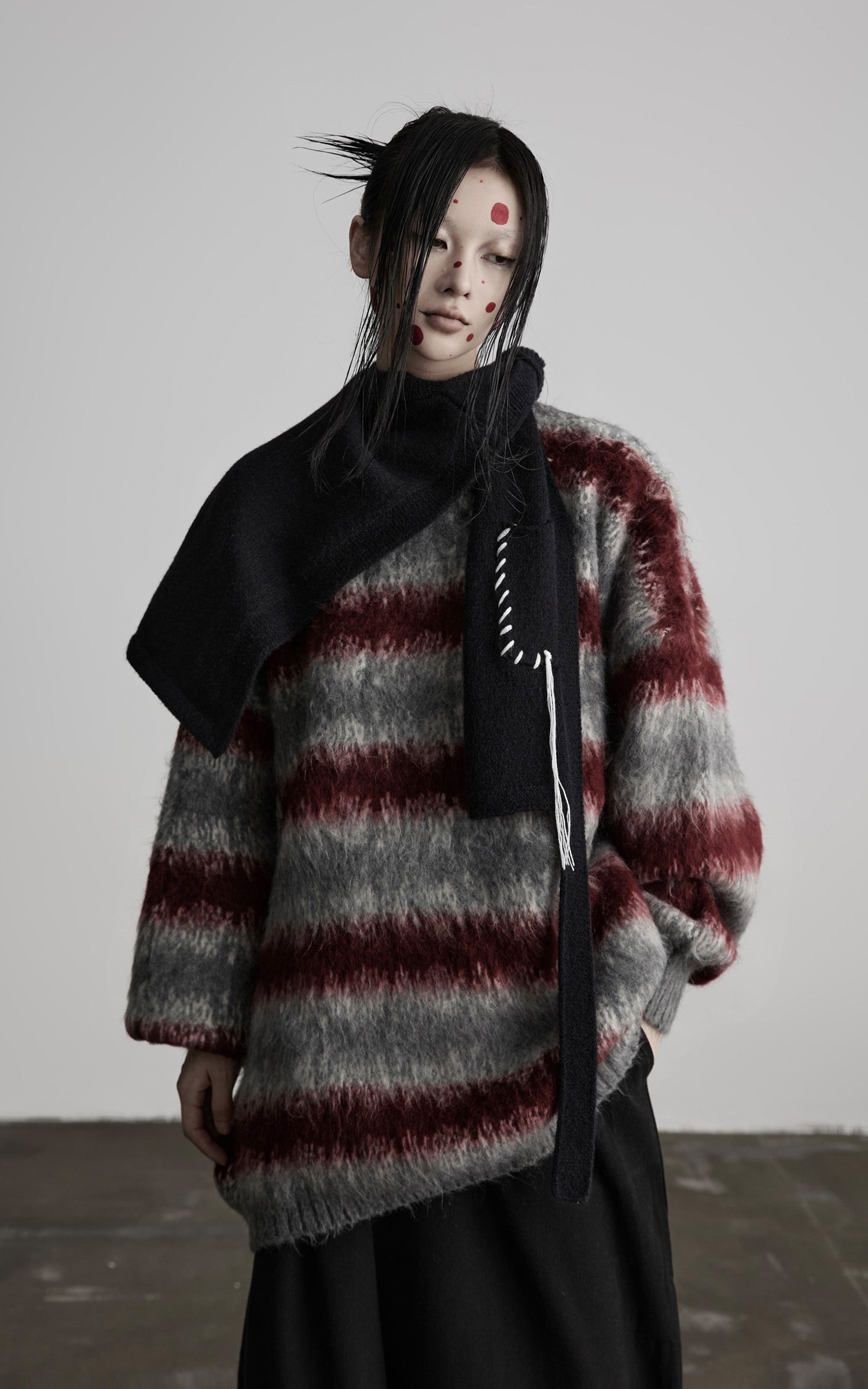 INDULGE Striped Fuzzy Knit Sweater Oversized Pullover Red Grey