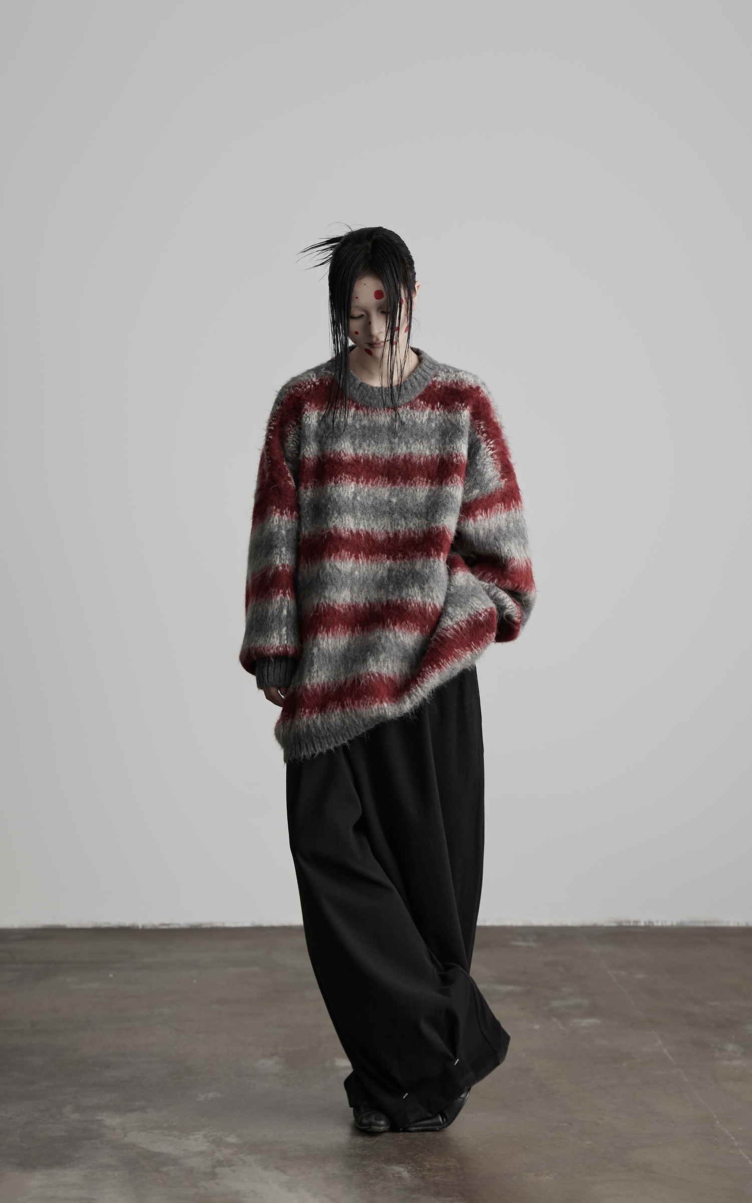 INDULGE Striped Fuzzy Knit Sweater Oversized Pullover Red Grey