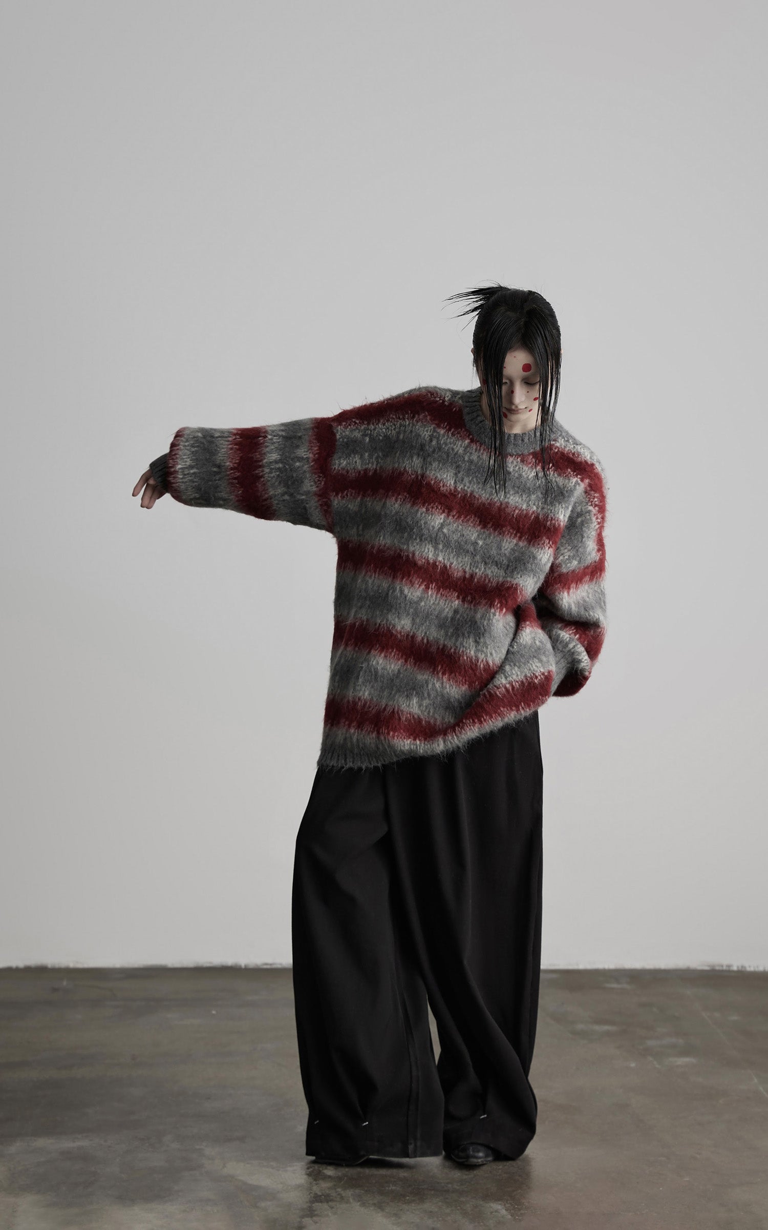 INDULGE Striped Fuzzy Knit Sweater Oversized Pullover Red Grey
