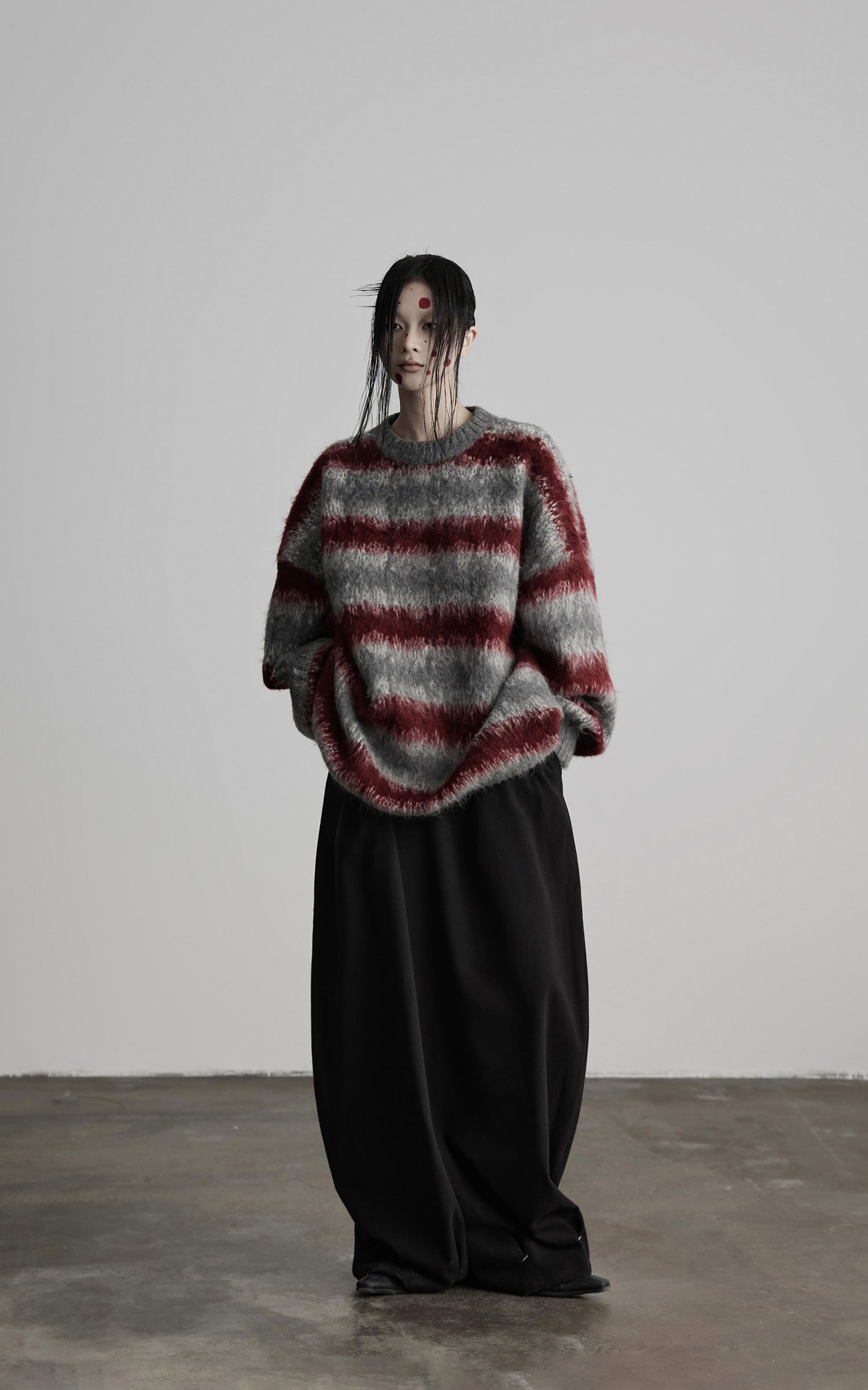 INDULGE Striped Fuzzy Knit Sweater Oversized Pullover Red Grey