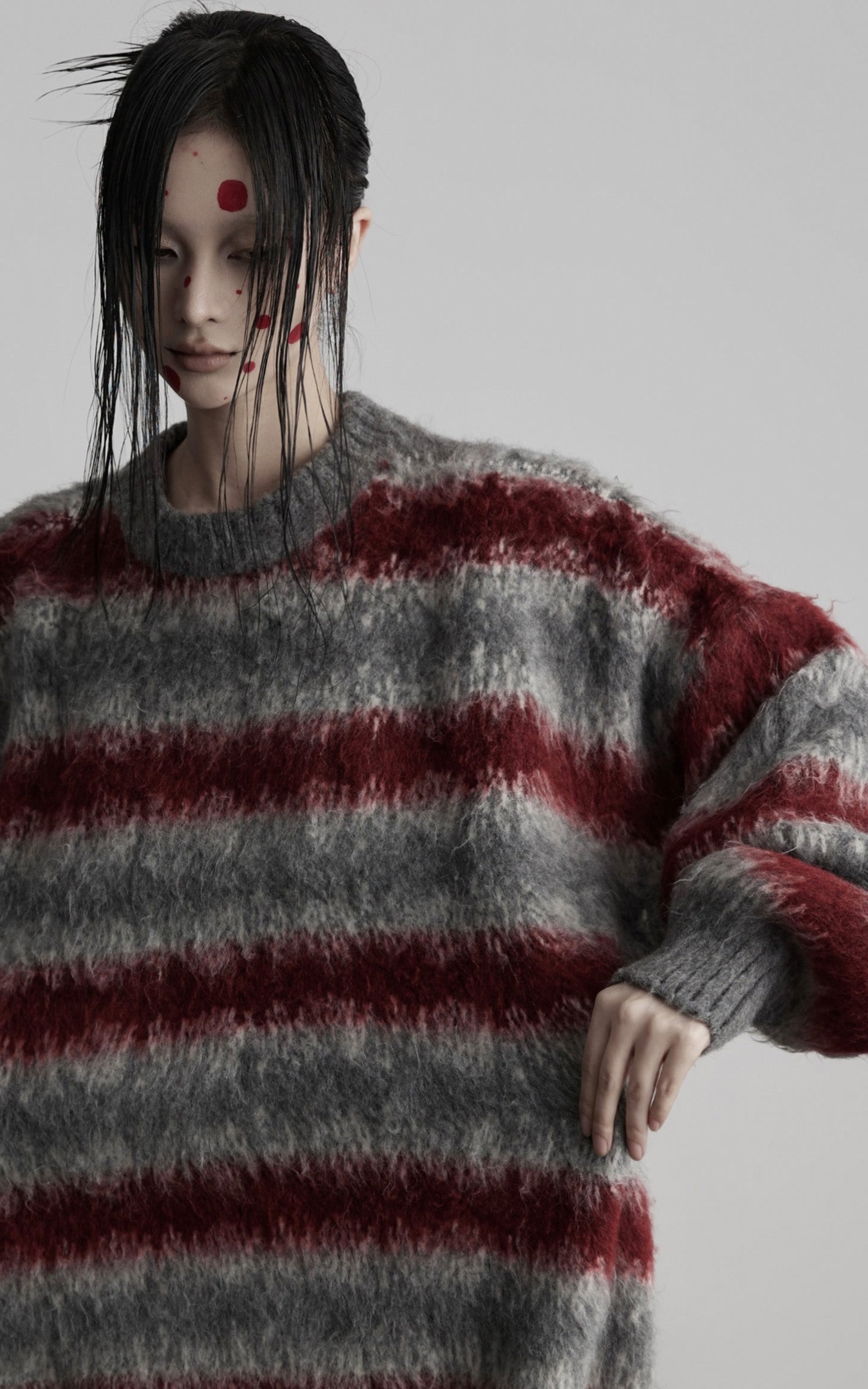 INDULGE Striped Fuzzy Knit Sweater Oversized Pullover Red Grey