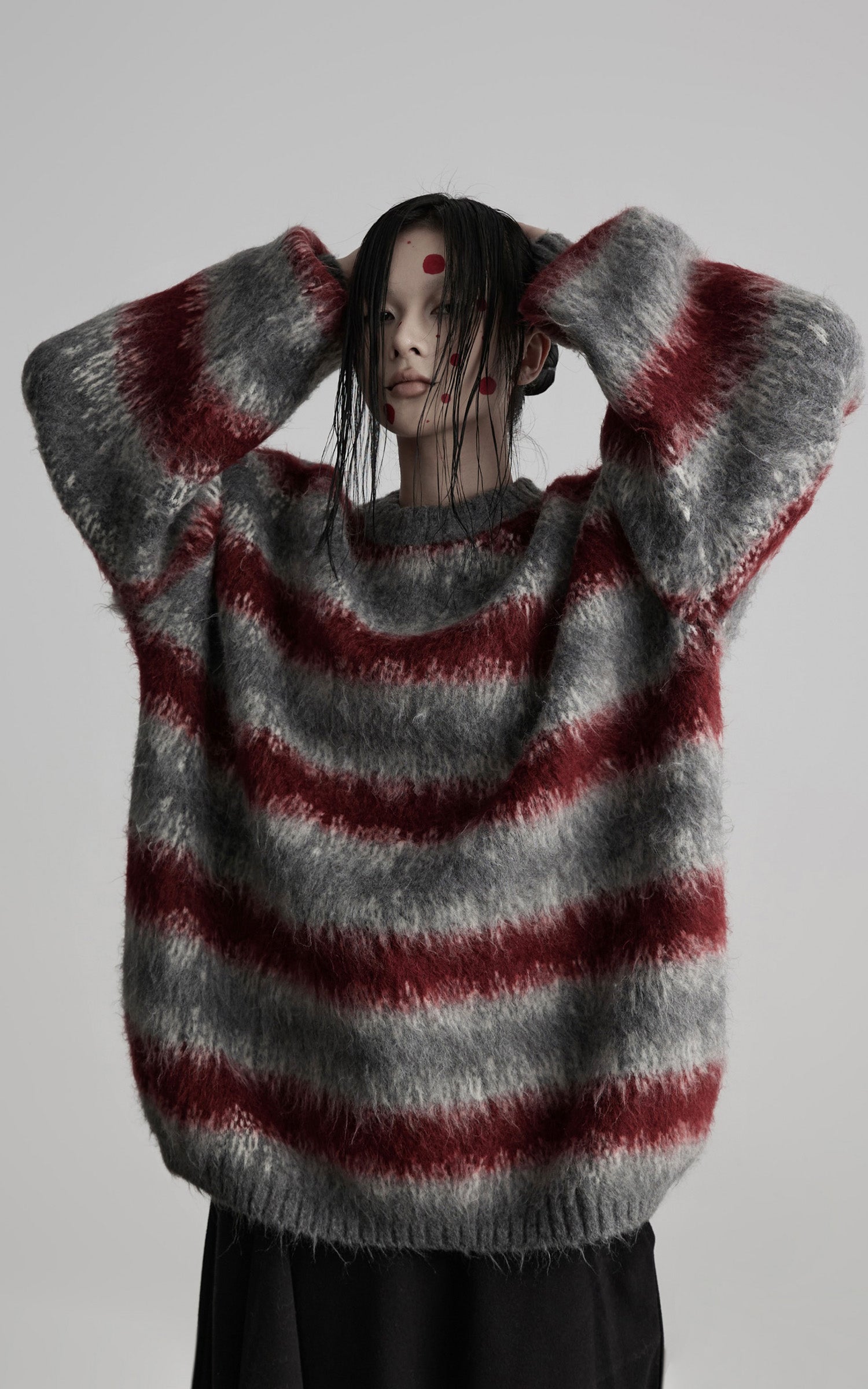 INDULGE Striped Fuzzy Knit Sweater Oversized Pullover Red Grey