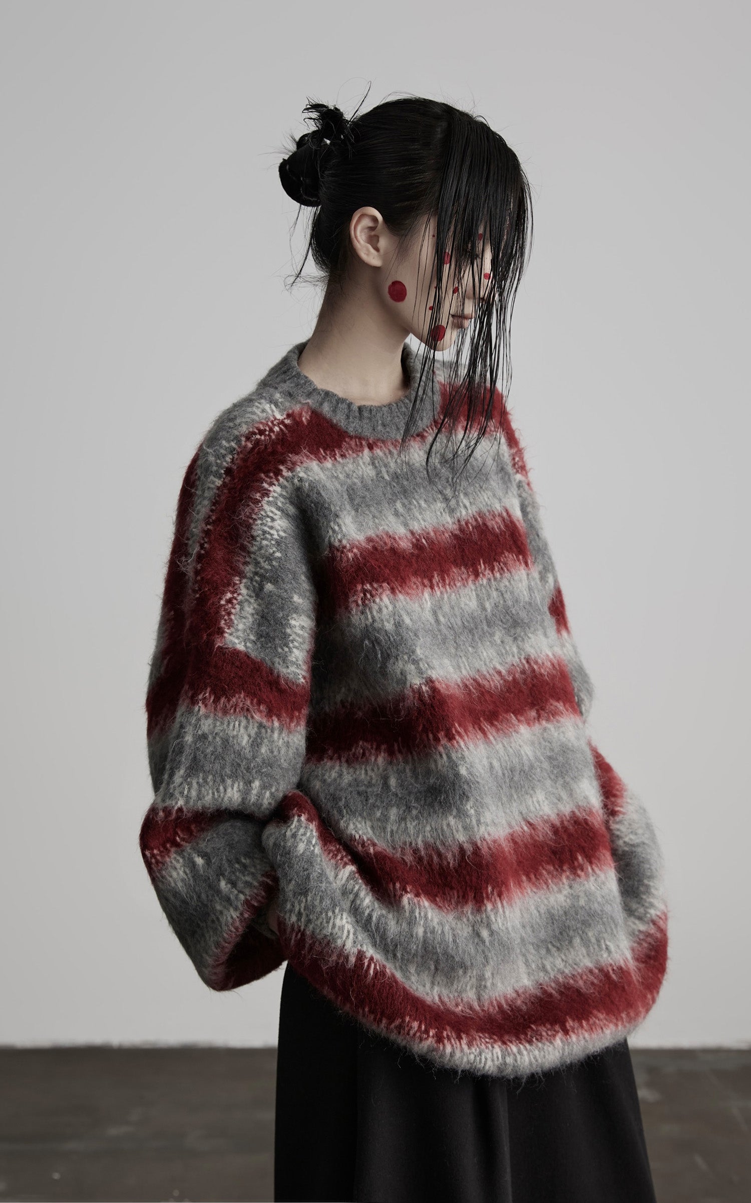 INDULGE Striped Fuzzy Knit Sweater Oversized Pullover Red Grey