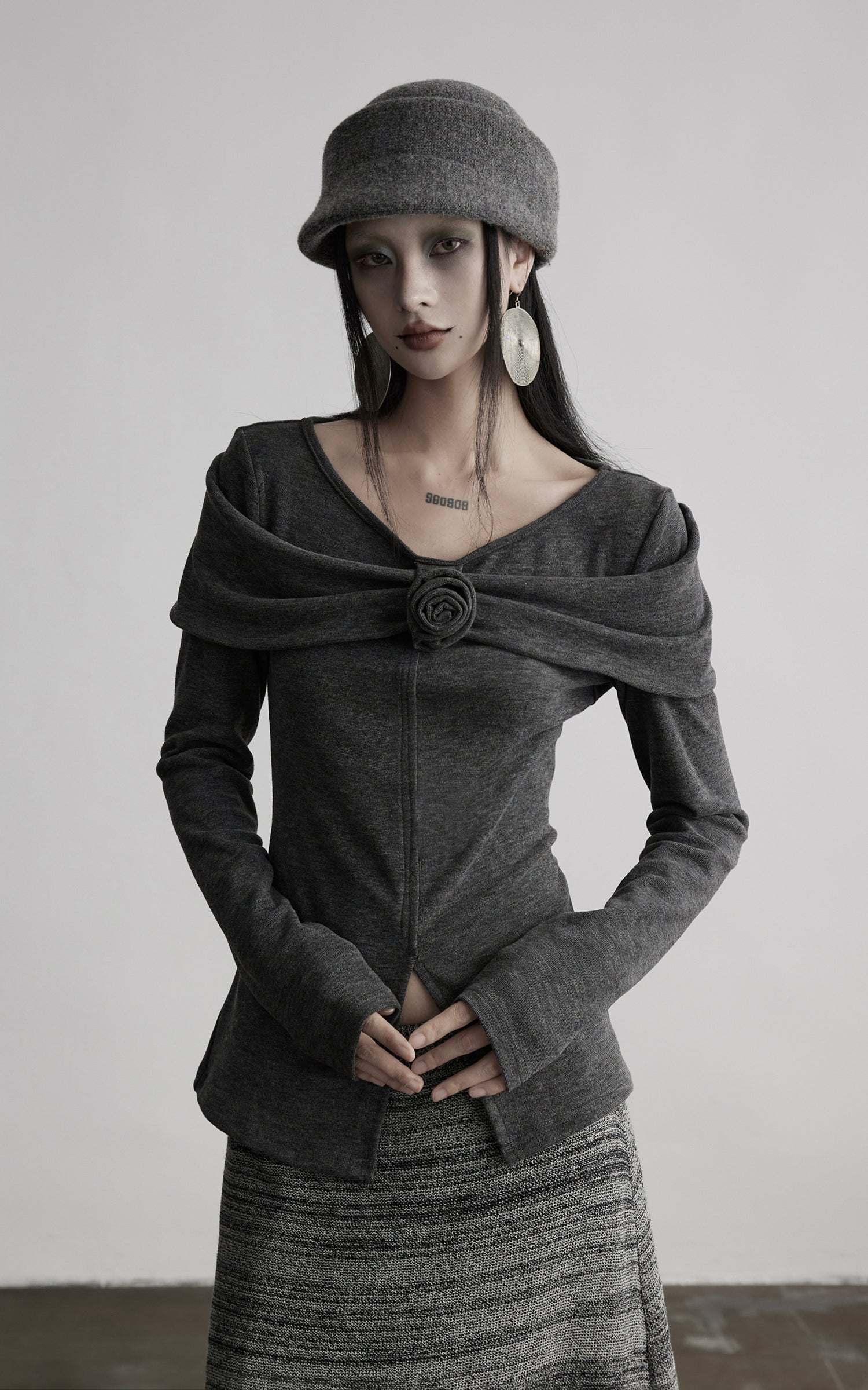 INDULGE Draped Knit Top with Rose Detail