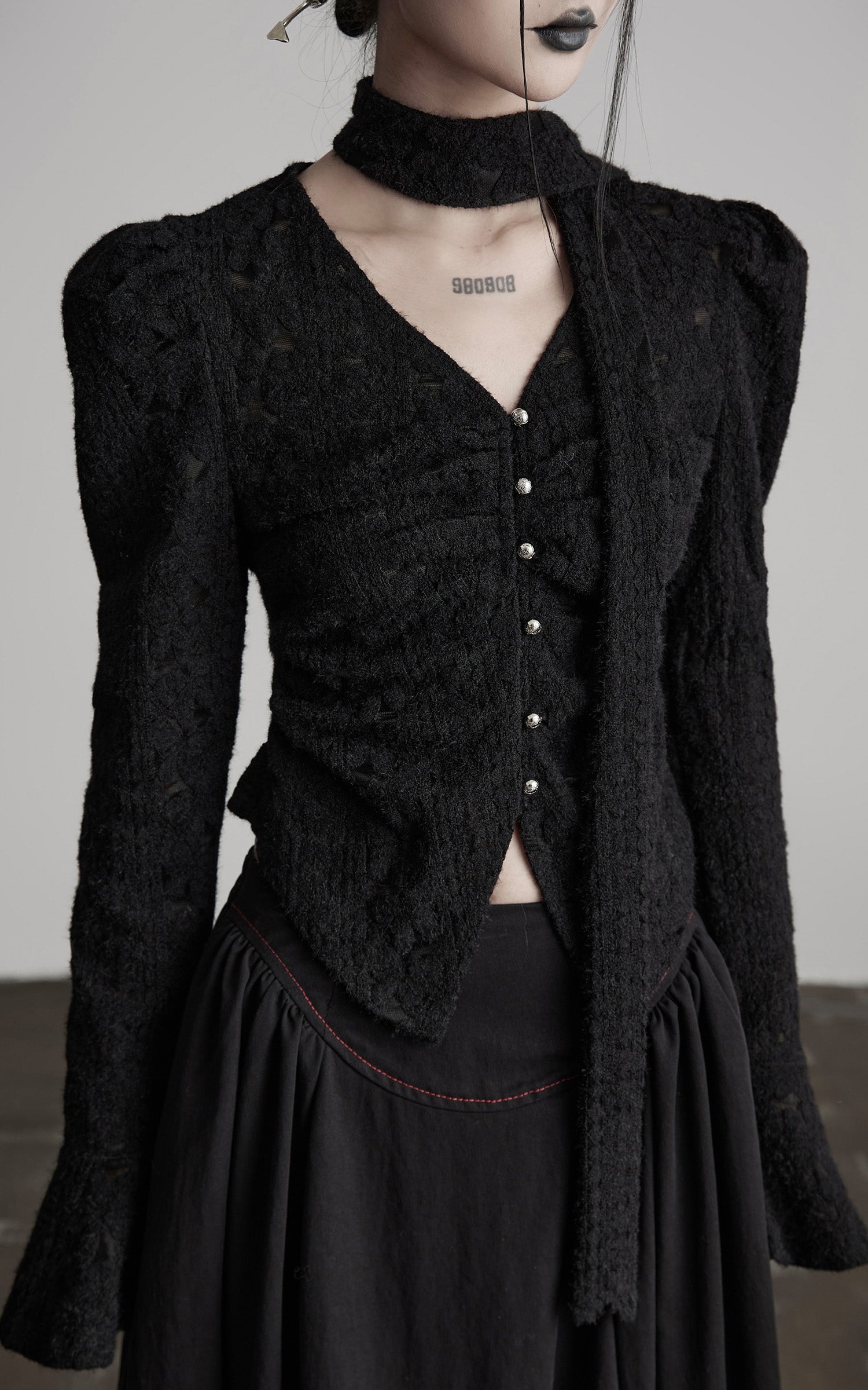 INDULGE Textured Knit Sculpted Top with Rosette Buttons