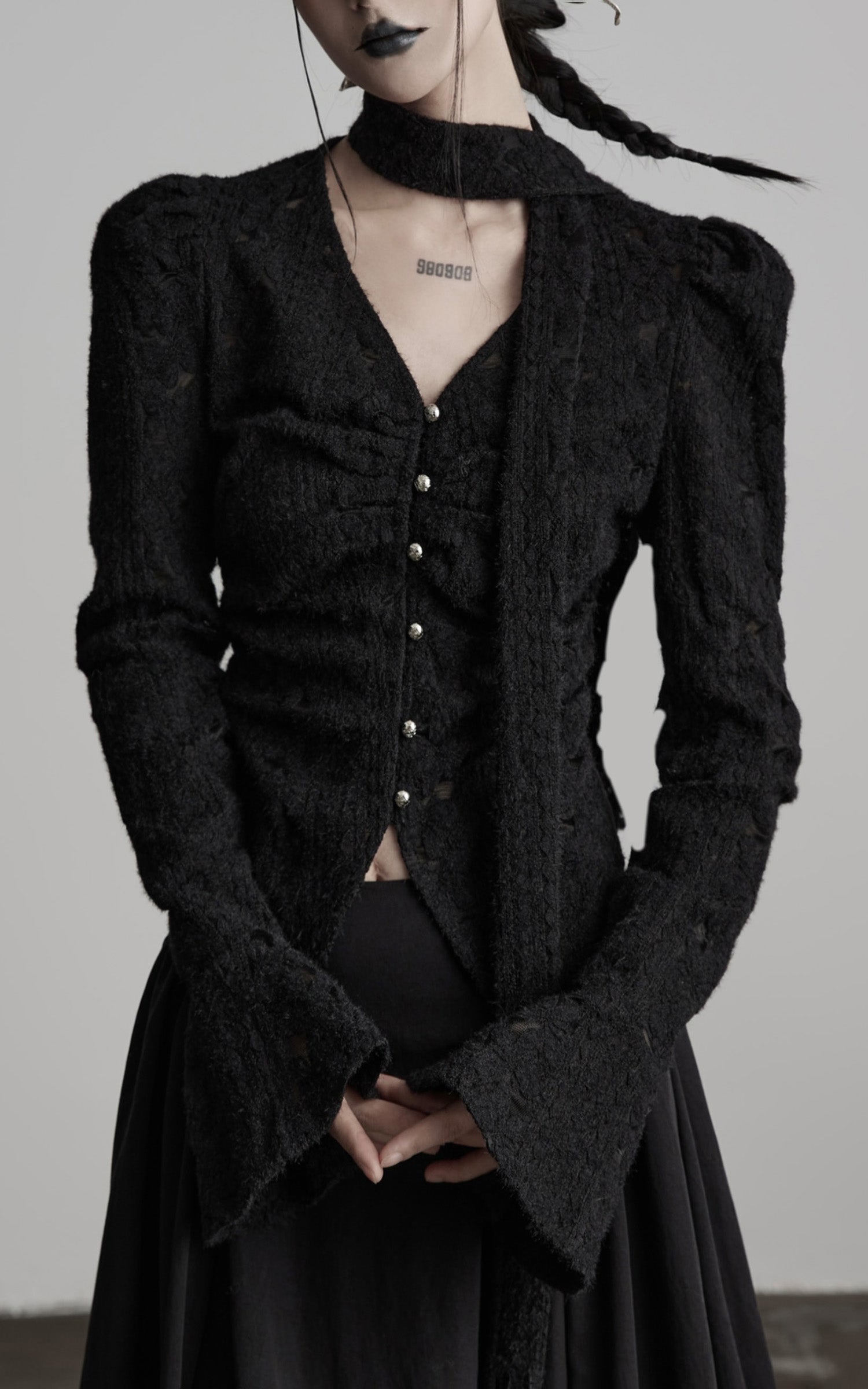 INDULGE Textured Knit Sculpted Top with Rosette Buttons