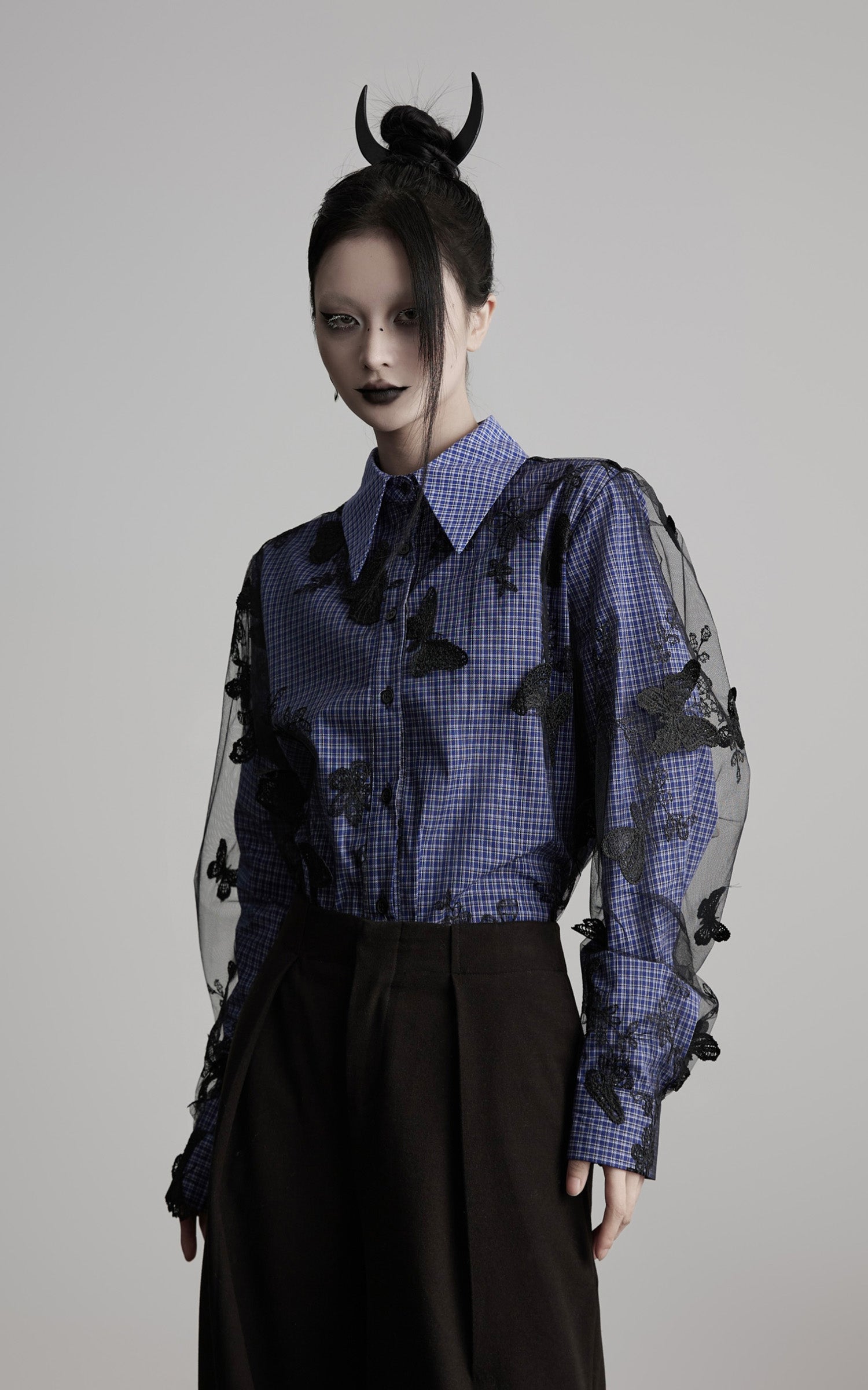 INDULGE Sheer Organza Butterfly Overlay Plaid Shirt