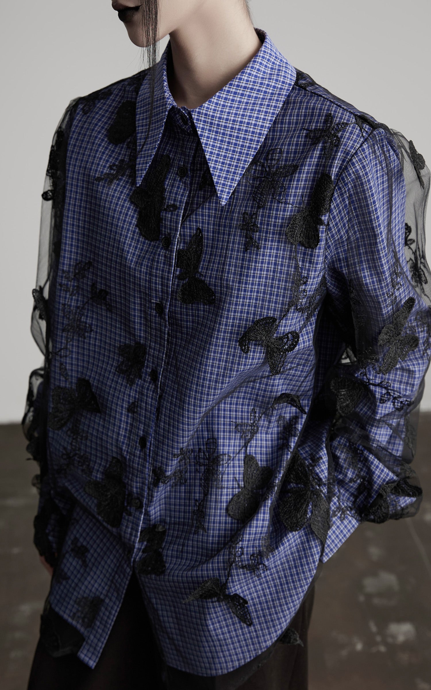 INDULGE Sheer Organza Butterfly Overlay Plaid Shirt