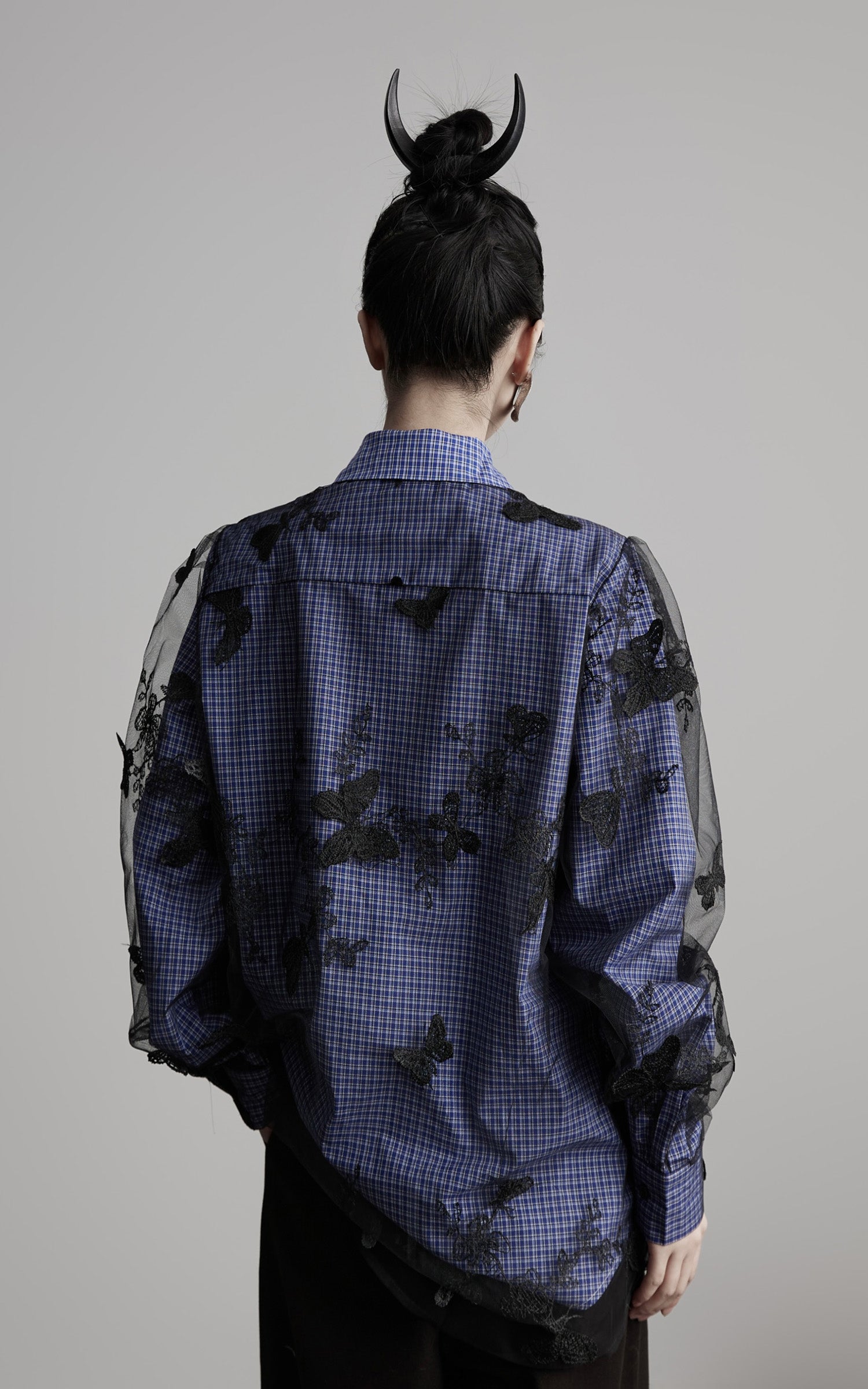 INDULGE Sheer Organza Butterfly Overlay Plaid Shirt