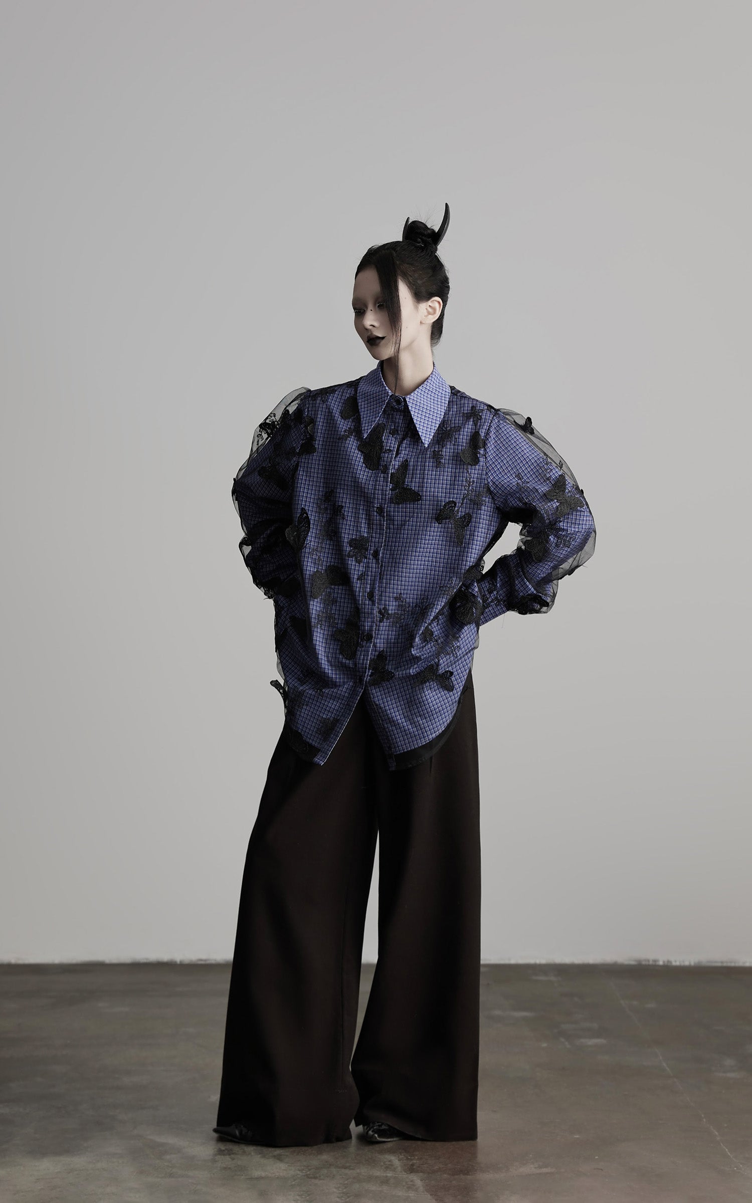 INDULGE Sheer Organza Butterfly Overlay Plaid Shirt