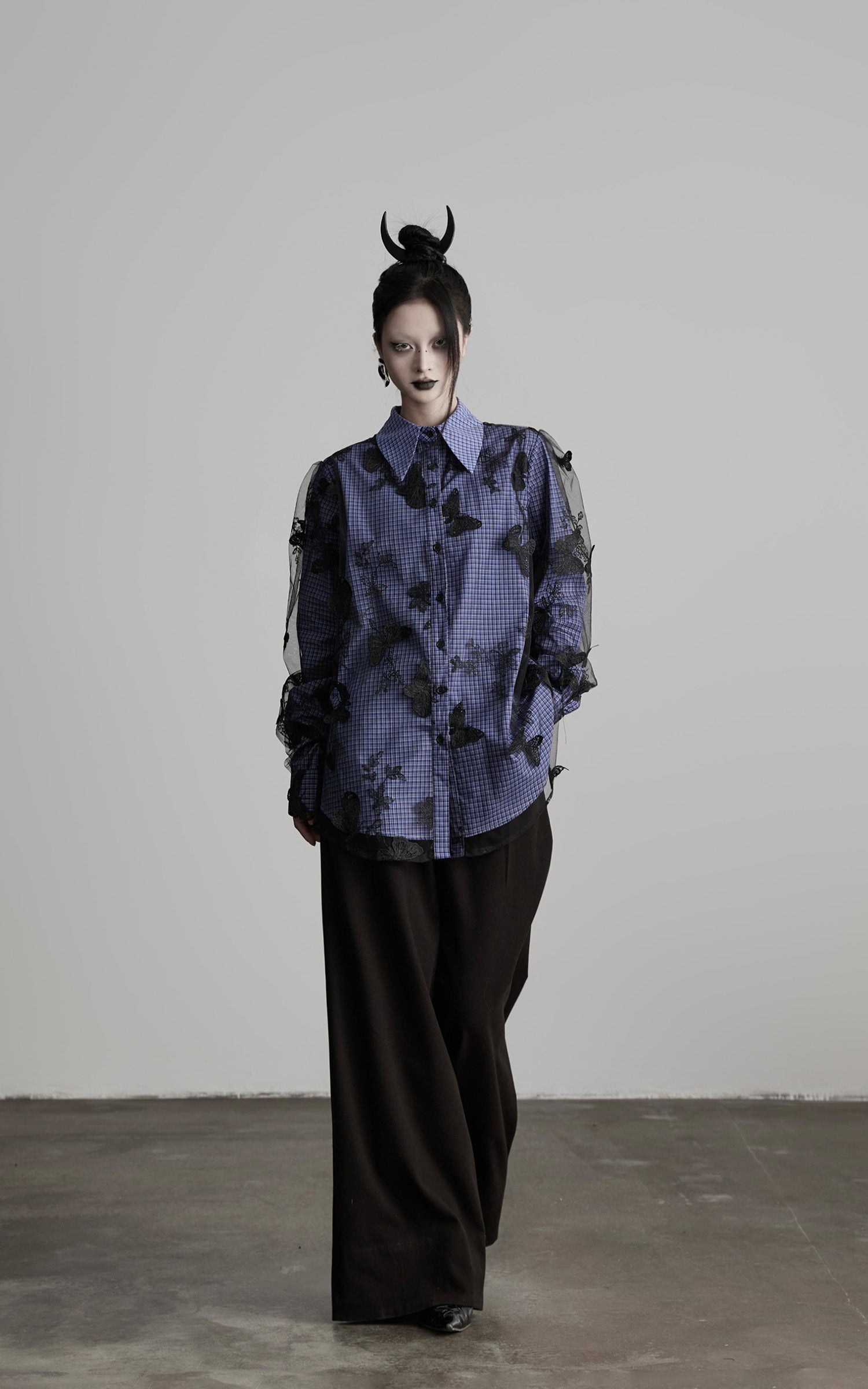 INDULGE Sheer Organza Butterfly Overlay Plaid Shirt