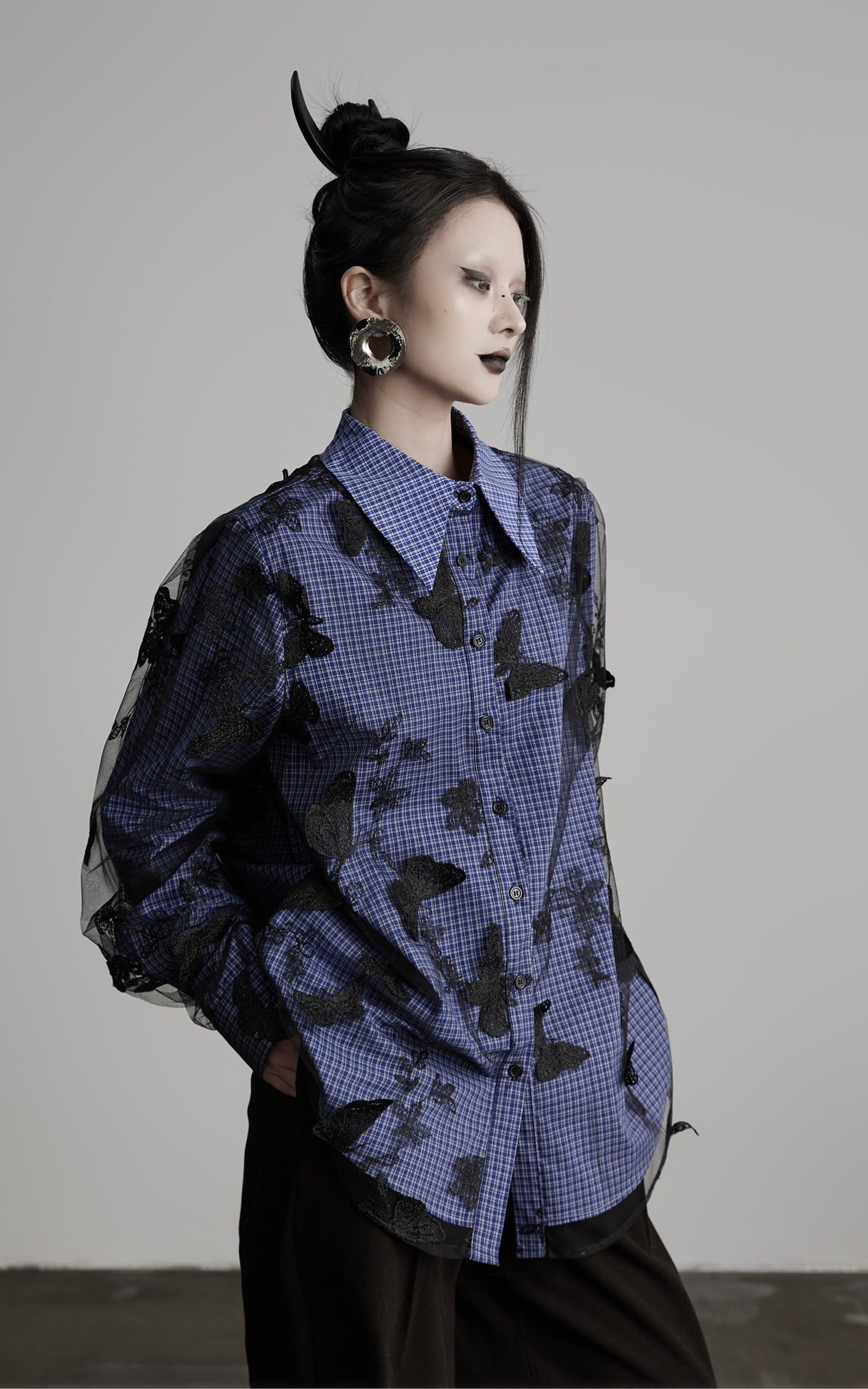 INDULGE Sheer Organza Butterfly Overlay Plaid Shirt